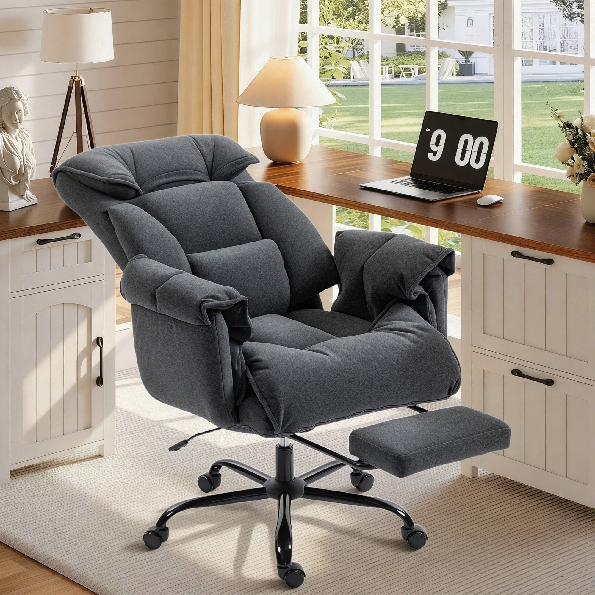 Overstuffed Executive Office Chair with Built-In Footrest and Recline, Gray