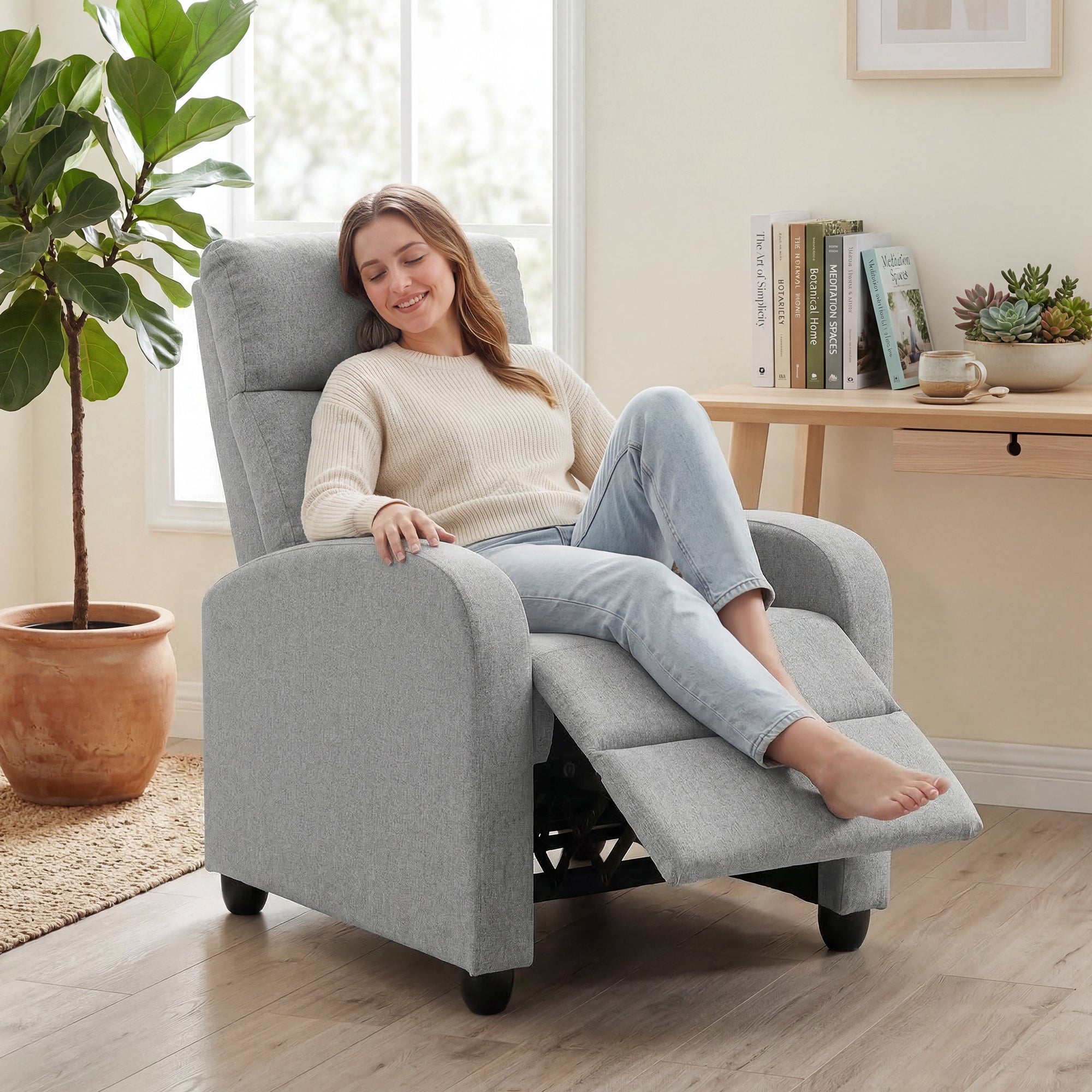 Push Back Recliner Chair with Padded Seat, Light Grey - HOMCOM