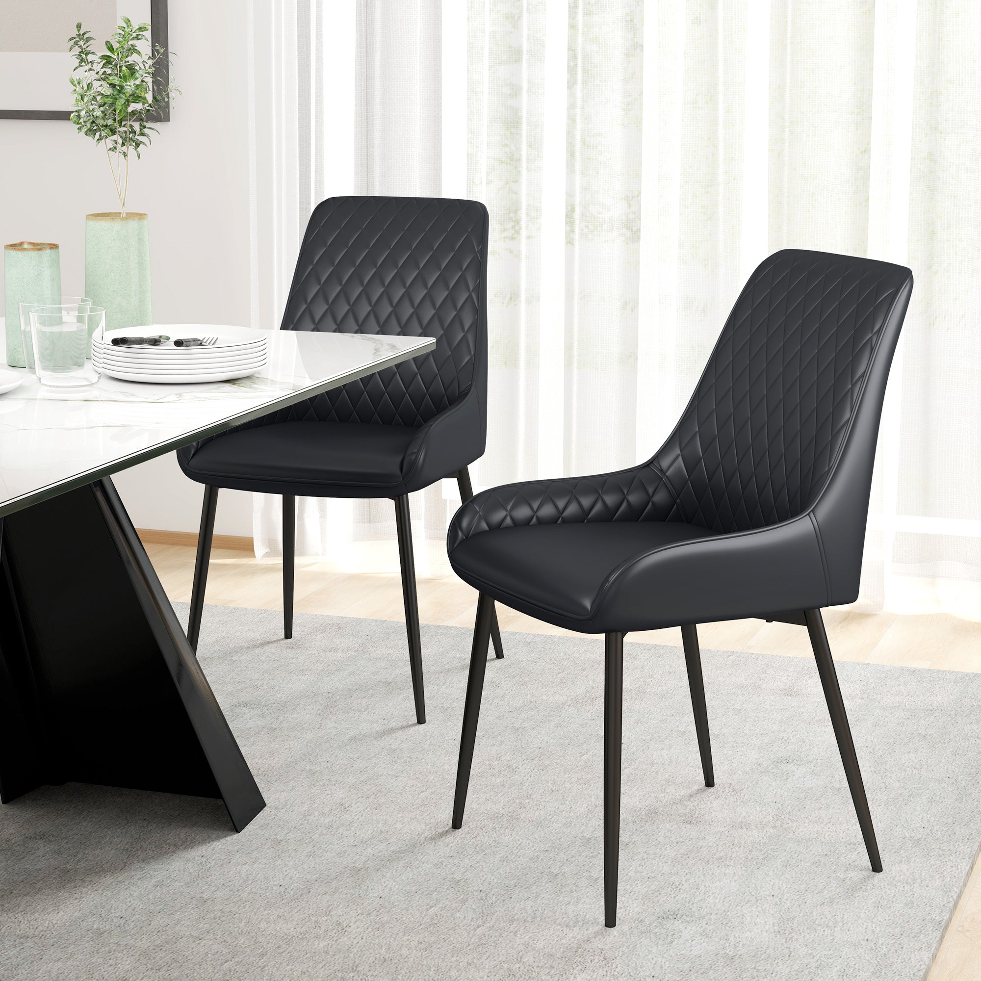 Set of 2 PU Leather Dining Chairs with Tufted Backs & Steel Legs, Black - HOMCOM