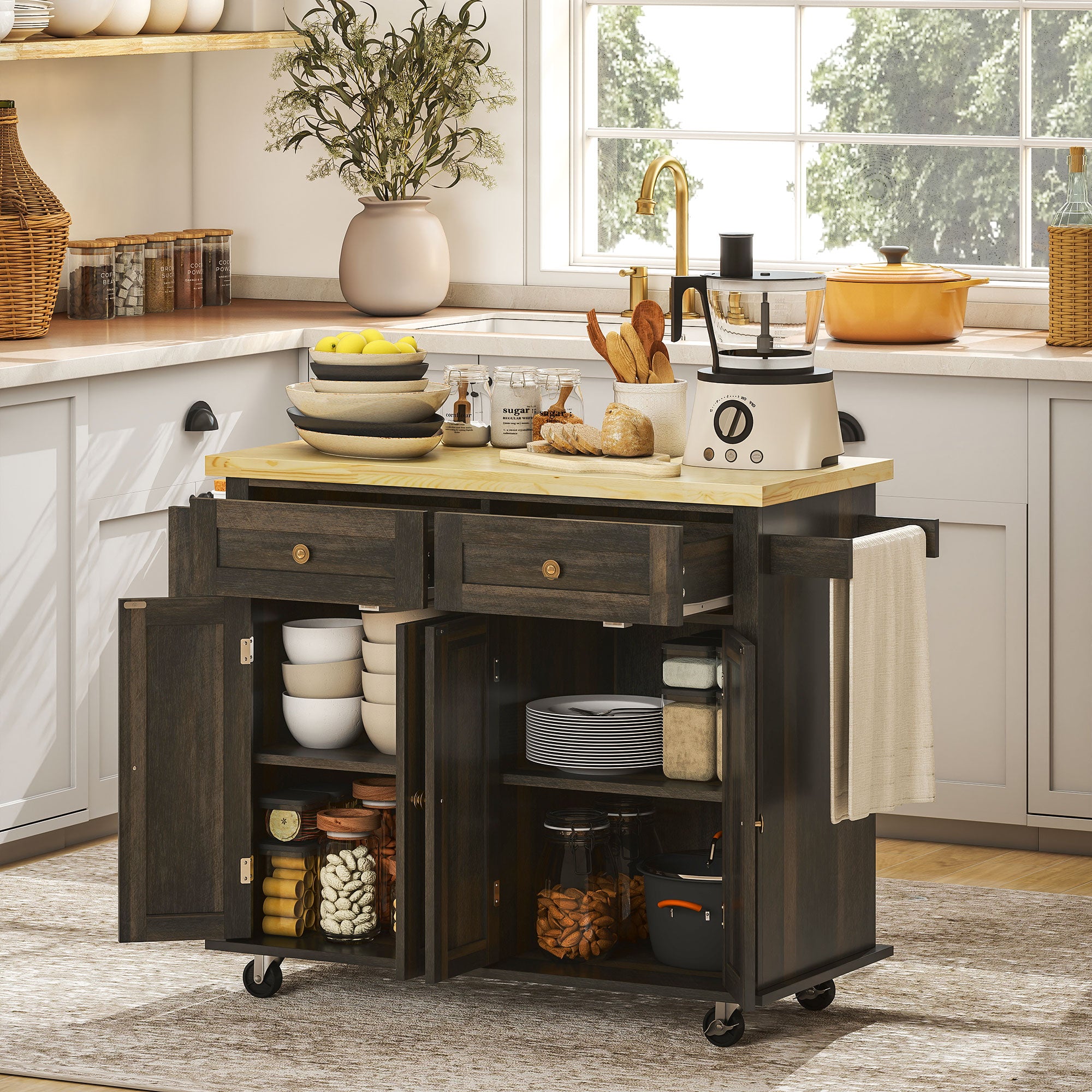 GlideSpace Kitchen Island on Wheels, Rolling Cart w/ Rubberwood Top, Spice Rack & Drawers, Brown Oak - HOMCOM