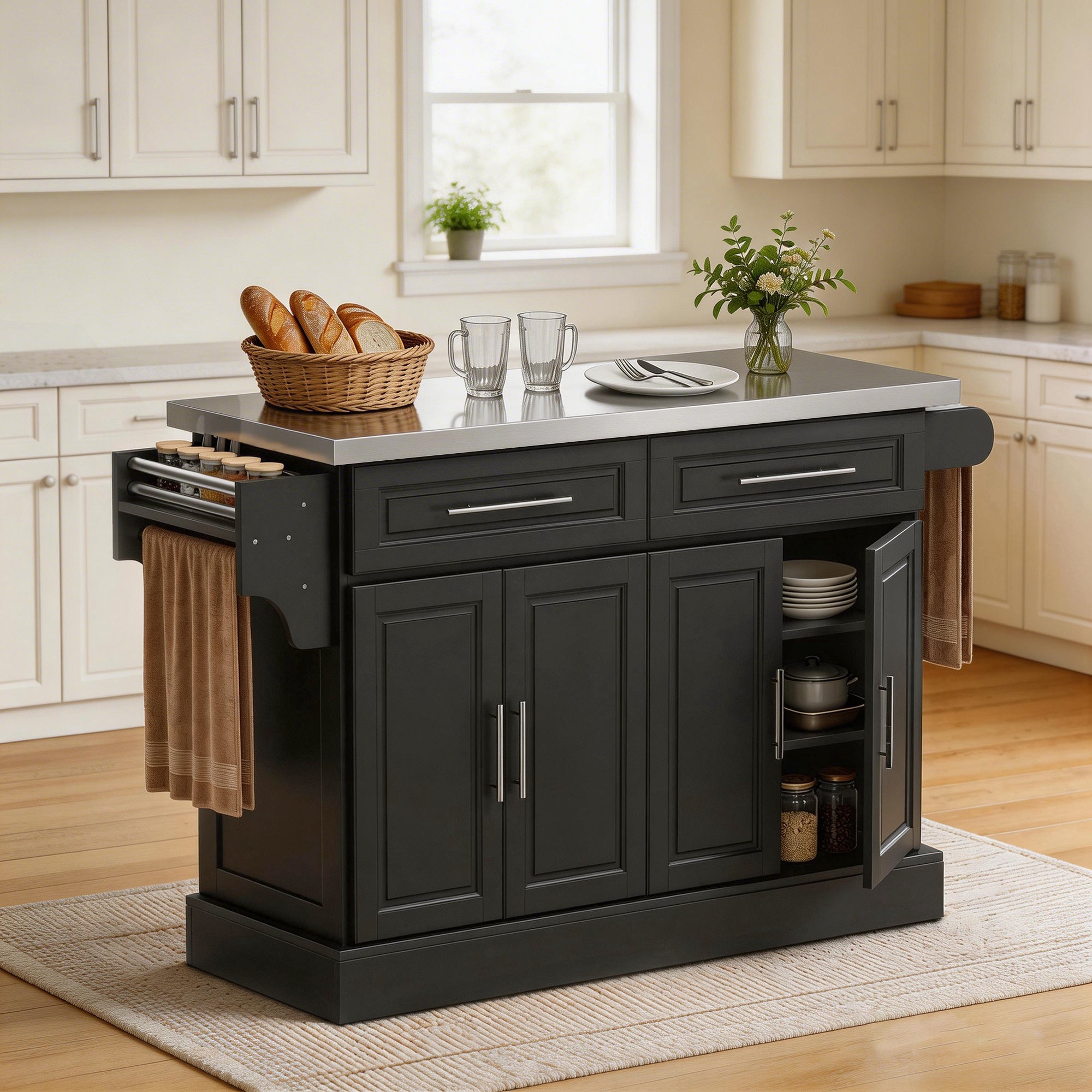 Rolling Kitchen Island with Storage Portable Cart with Stainless Steel Top 2 Drawers Black - HOMCOM