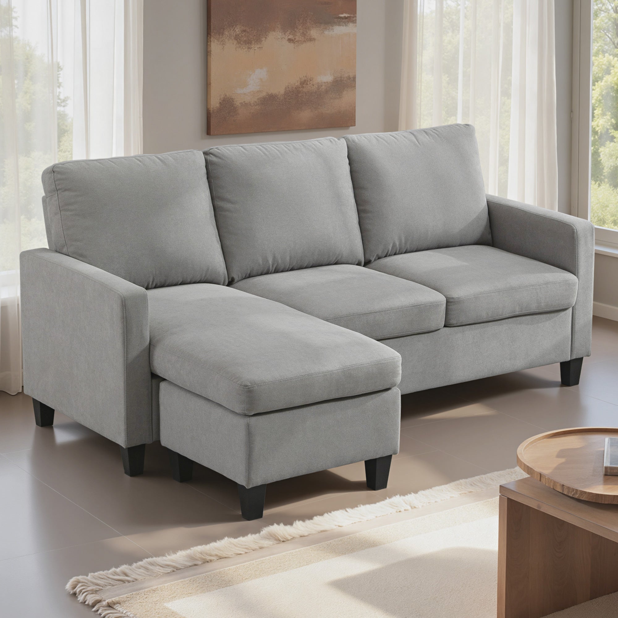 Canapé d'angle 3 places en L avec pouf pour salon, gris clair
