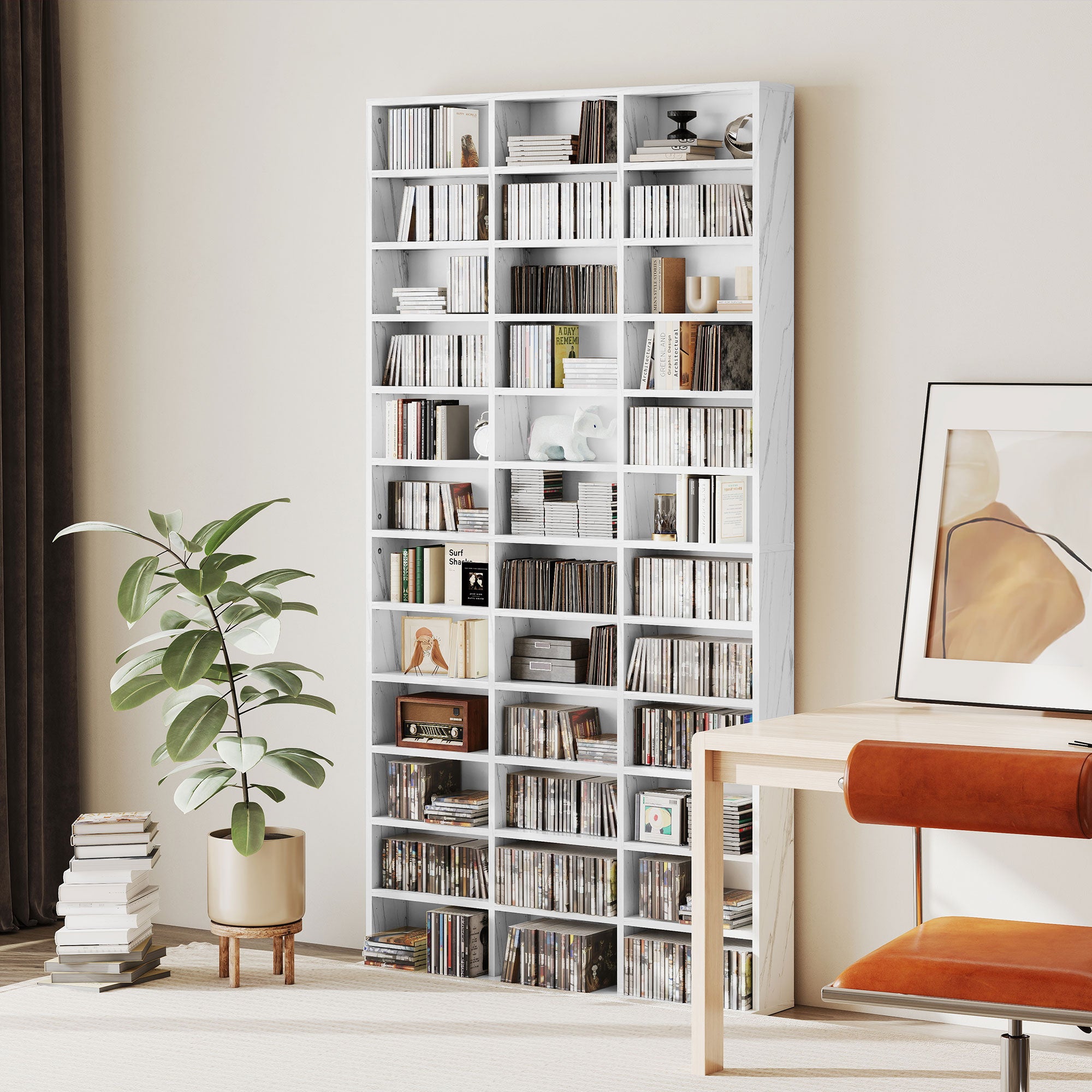1116 CD/ 528 DVD Storage Unit, Media Storage Shelf, Wooden Display Unit with Adjustable Shelves, 102 x 195 cm, White