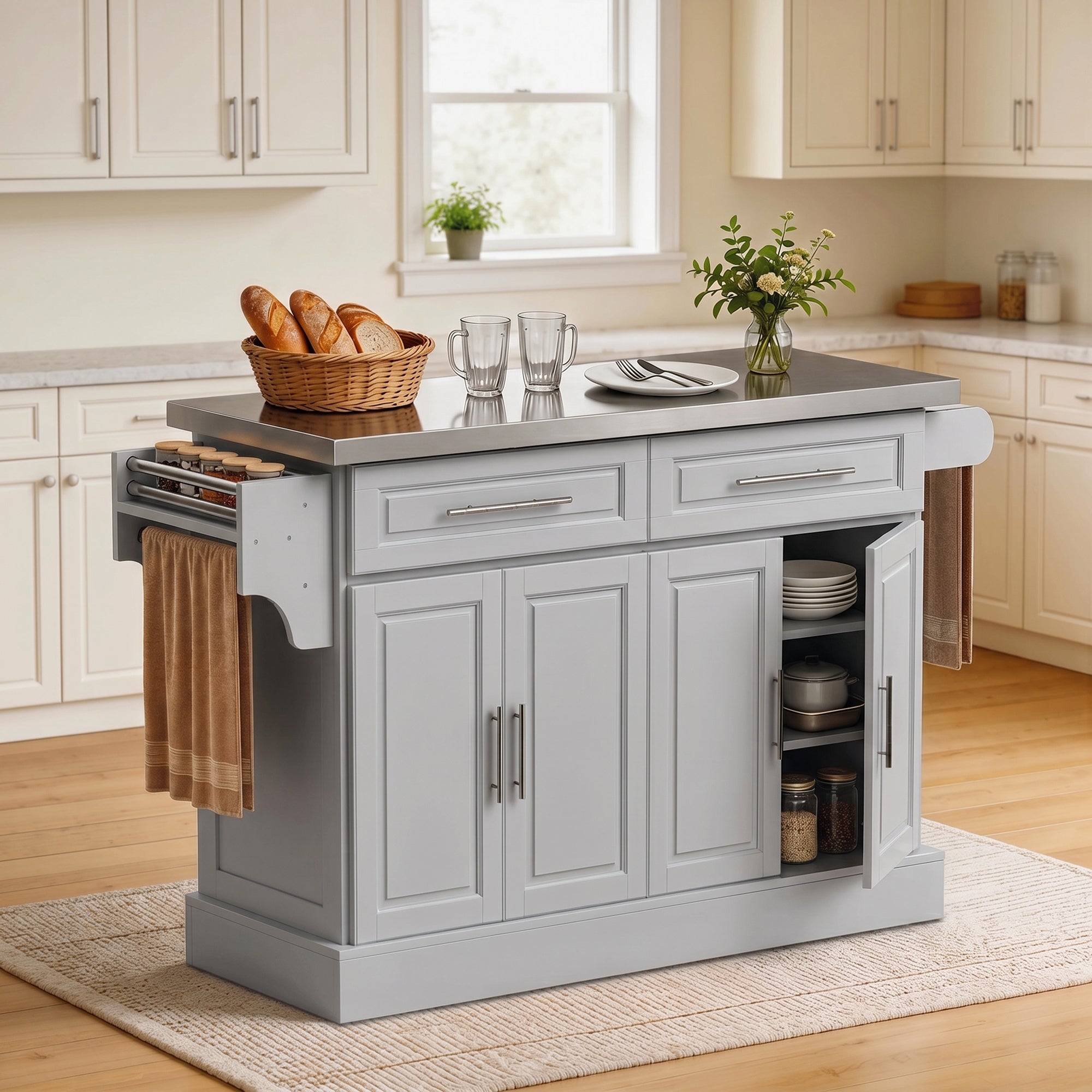 Rolling Kitchen Island with Storage Portable Cart with Stainless Steel Top 2 Drawers Gray