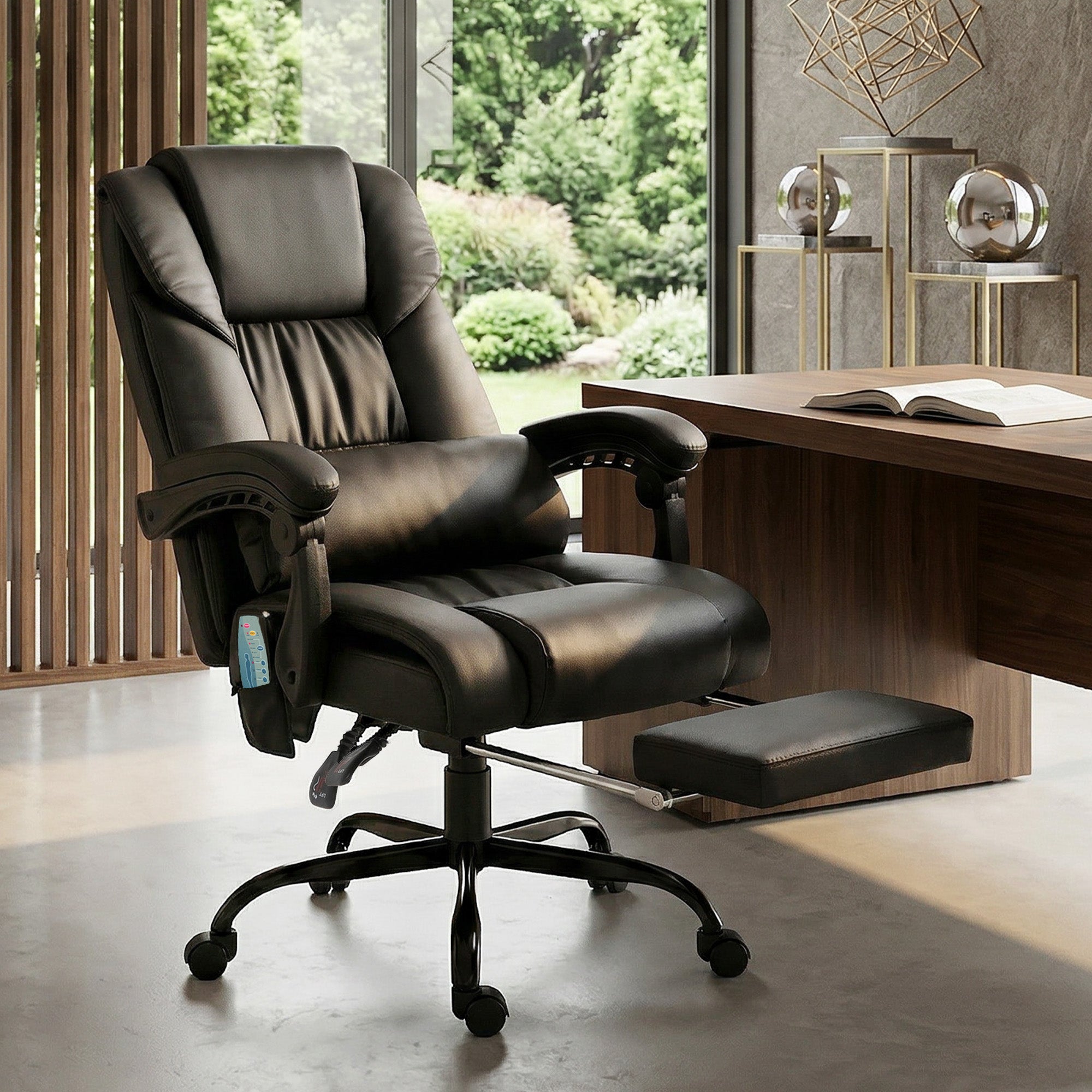 High Back Massage Office Chair with 6 Vibration Points, PU Leather Reclining Computer Chair, Ergonomic Desk Chair Black