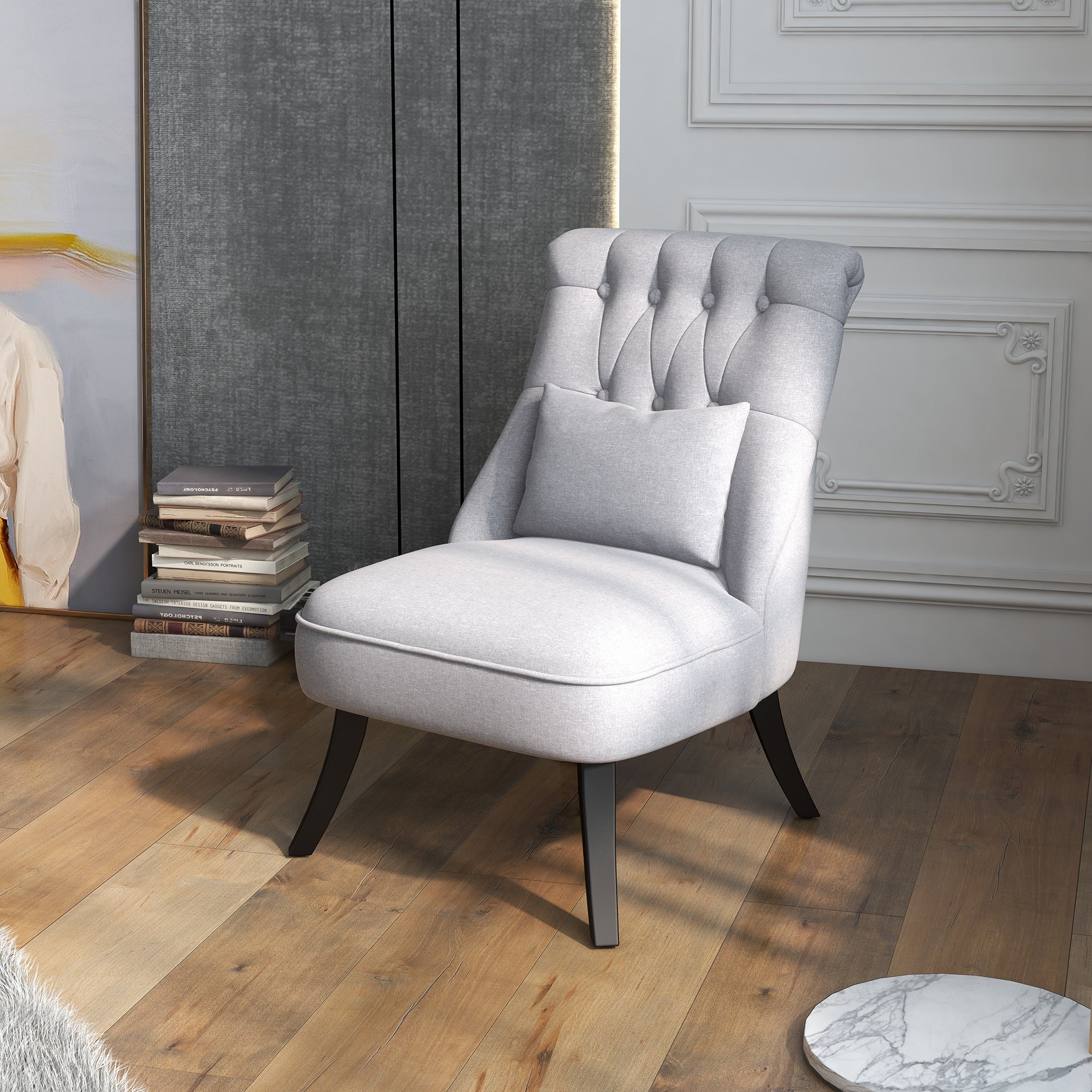 Fabric Single Sofa, Dining Chair with Pillow & Solid Wood Leg for Living Room, Grey