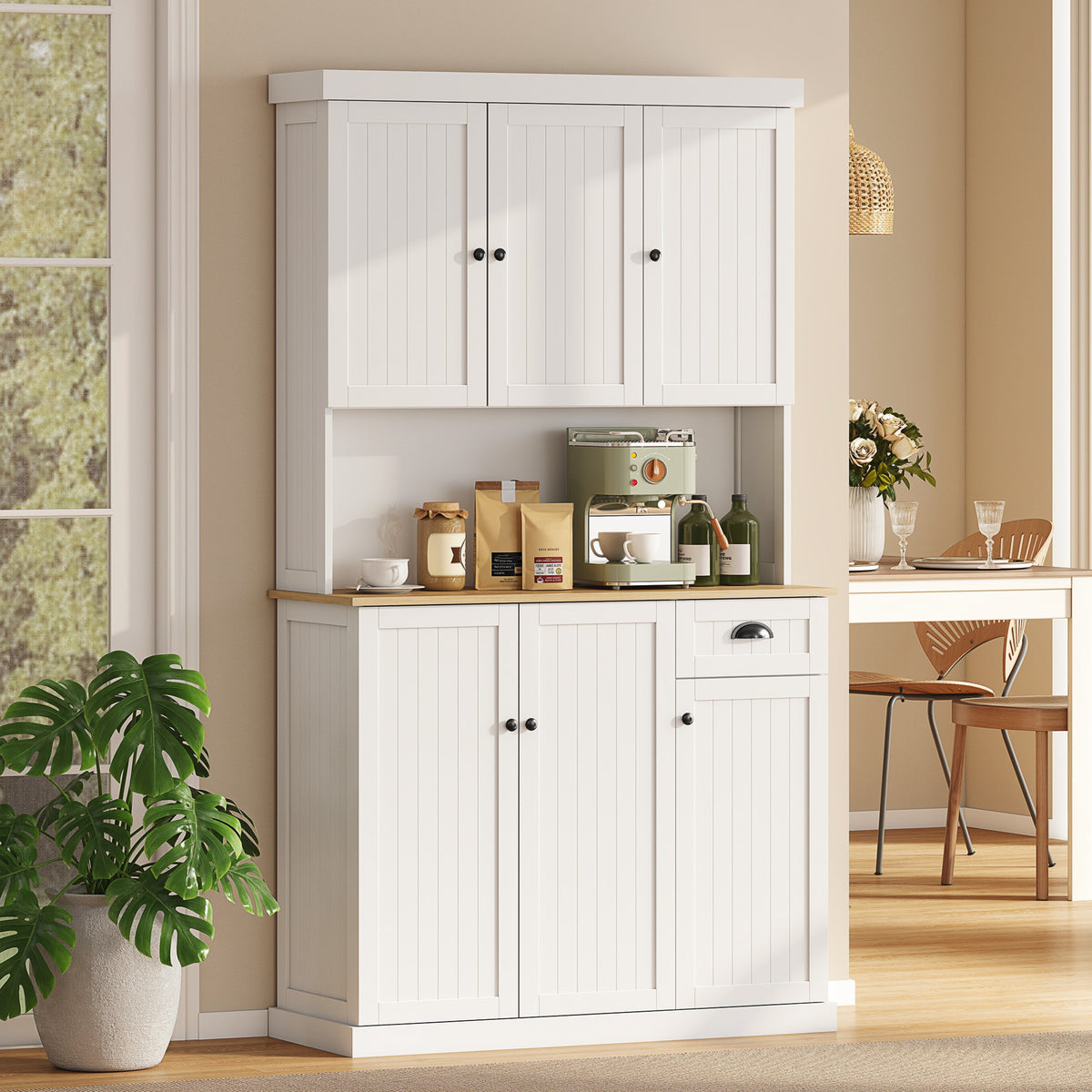 Modern Kitchen Cupboard with 6 Doors with Countertop, Drawer, Adjustable Shelves, White