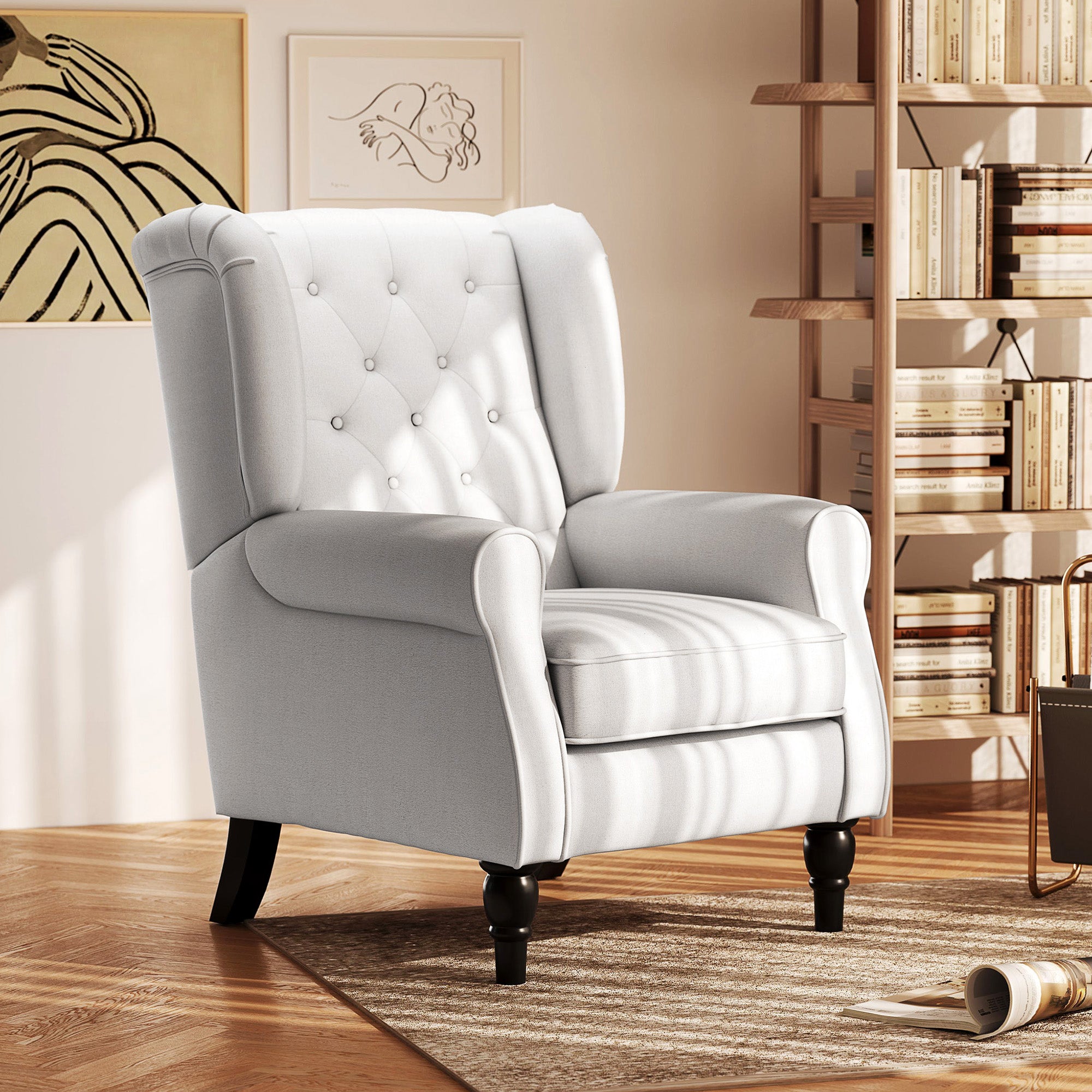 Mid-Century Accent Chair w/ High Wingback, Button-Tufted Fabric & Retro Wood Legs, Cream White