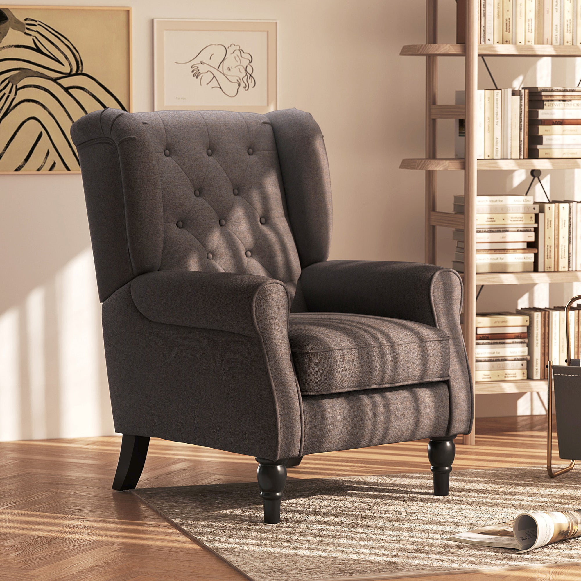 Mid-CenturyAccent Chair w/ High Wingback, Button-Tufted Fabric & Retro Wood Legs, Dark Brown - HOMCOM