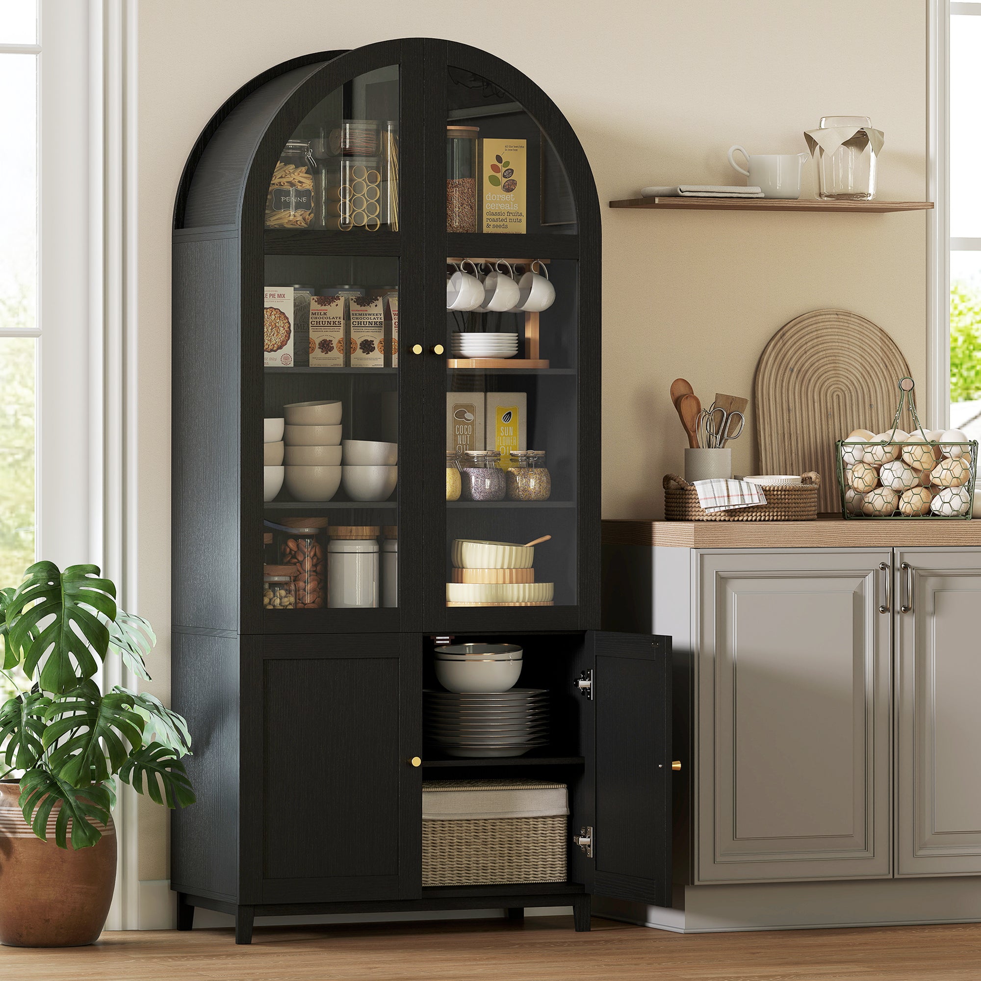 71" Tall Arched Kitchen Pantry Cabinet, Farmhouse Freestanding Kitchen Storage Cabinet with Adjustable Shelves, Acrylic Doors for Living Room, Dining Room, Black - HOMCOM