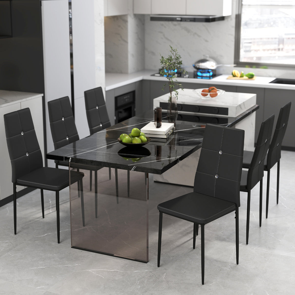 Ensemble de 6 chaises de salle à manger en similicuir noir capitonné de cristaux