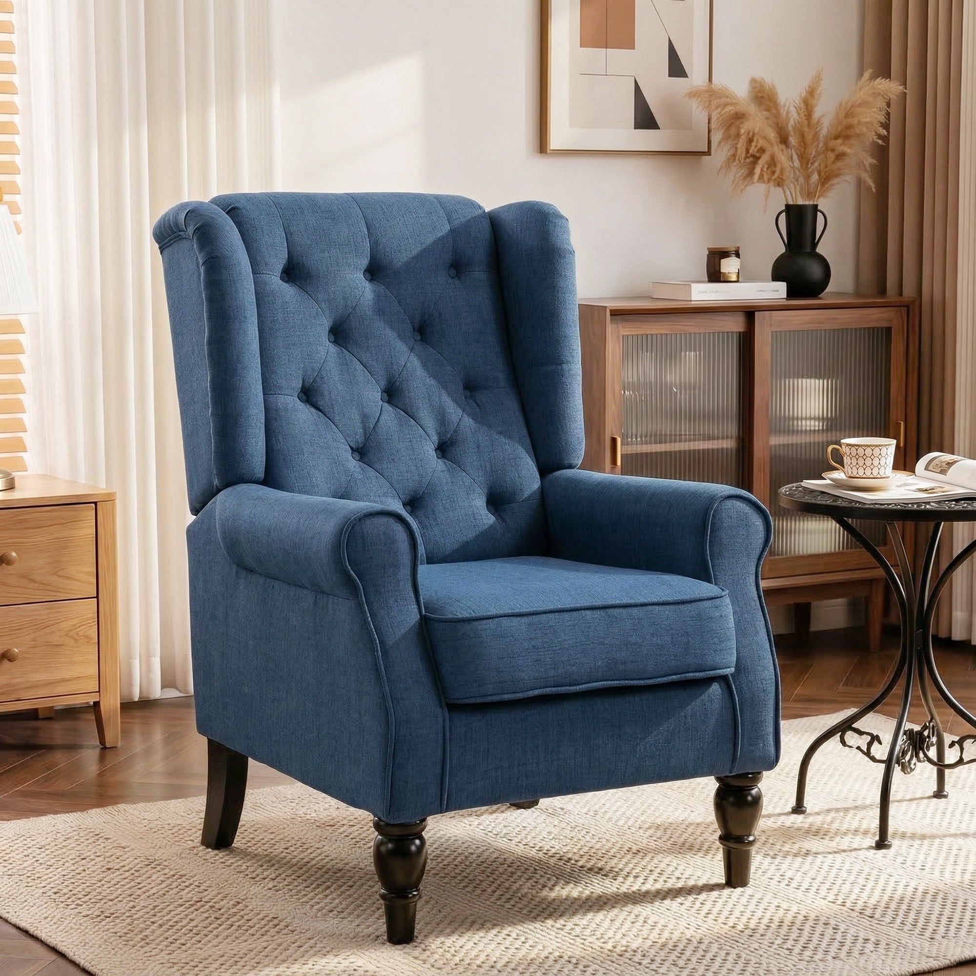 Retro Button Tufted Accent Armchair with Wooden Frame and Legs for Living Room, Bedroom, Blue - HOMCOM