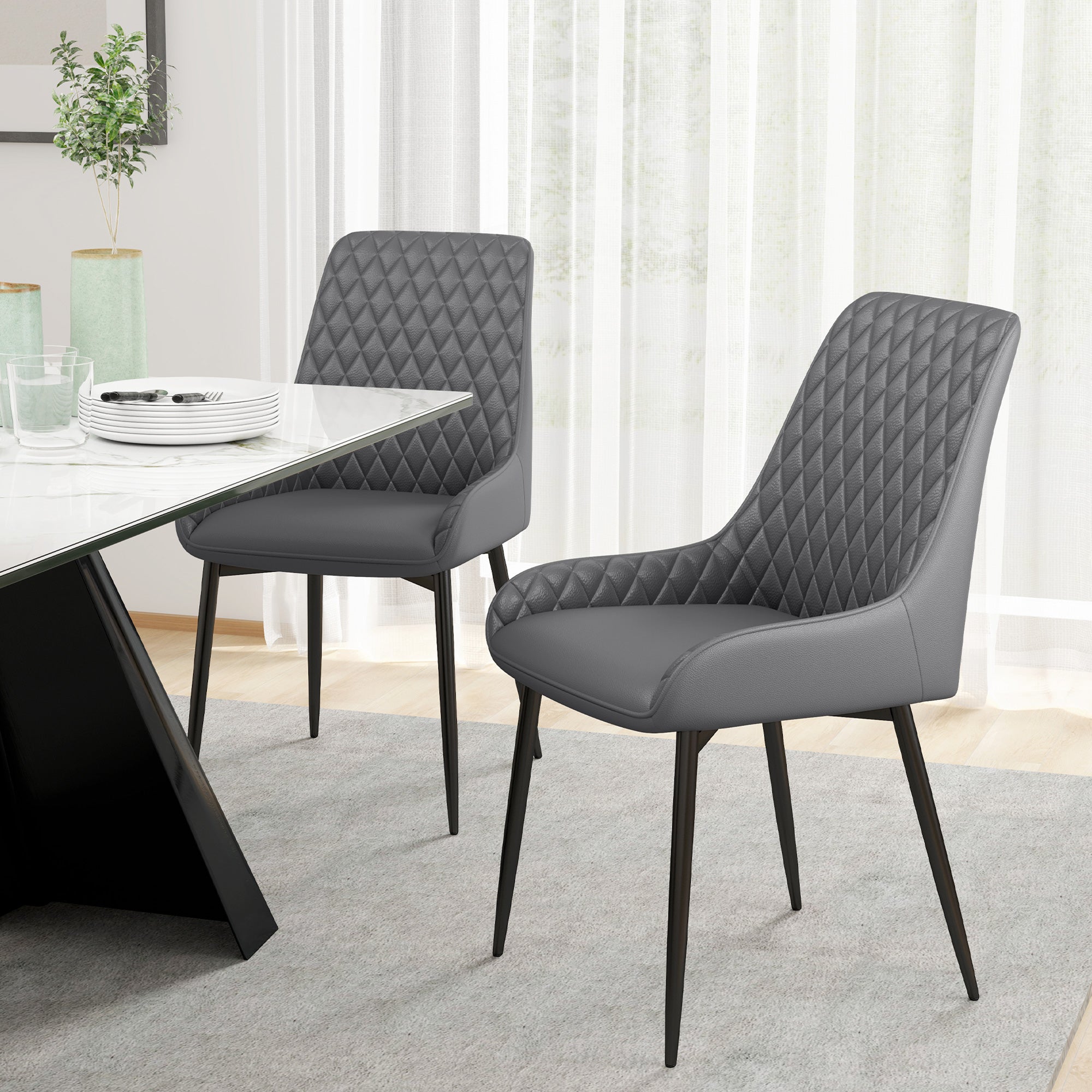 Set of 2 PU Leather Dining Chairs with Tufted Backs & Steel Legs, Grey - HOMCOM