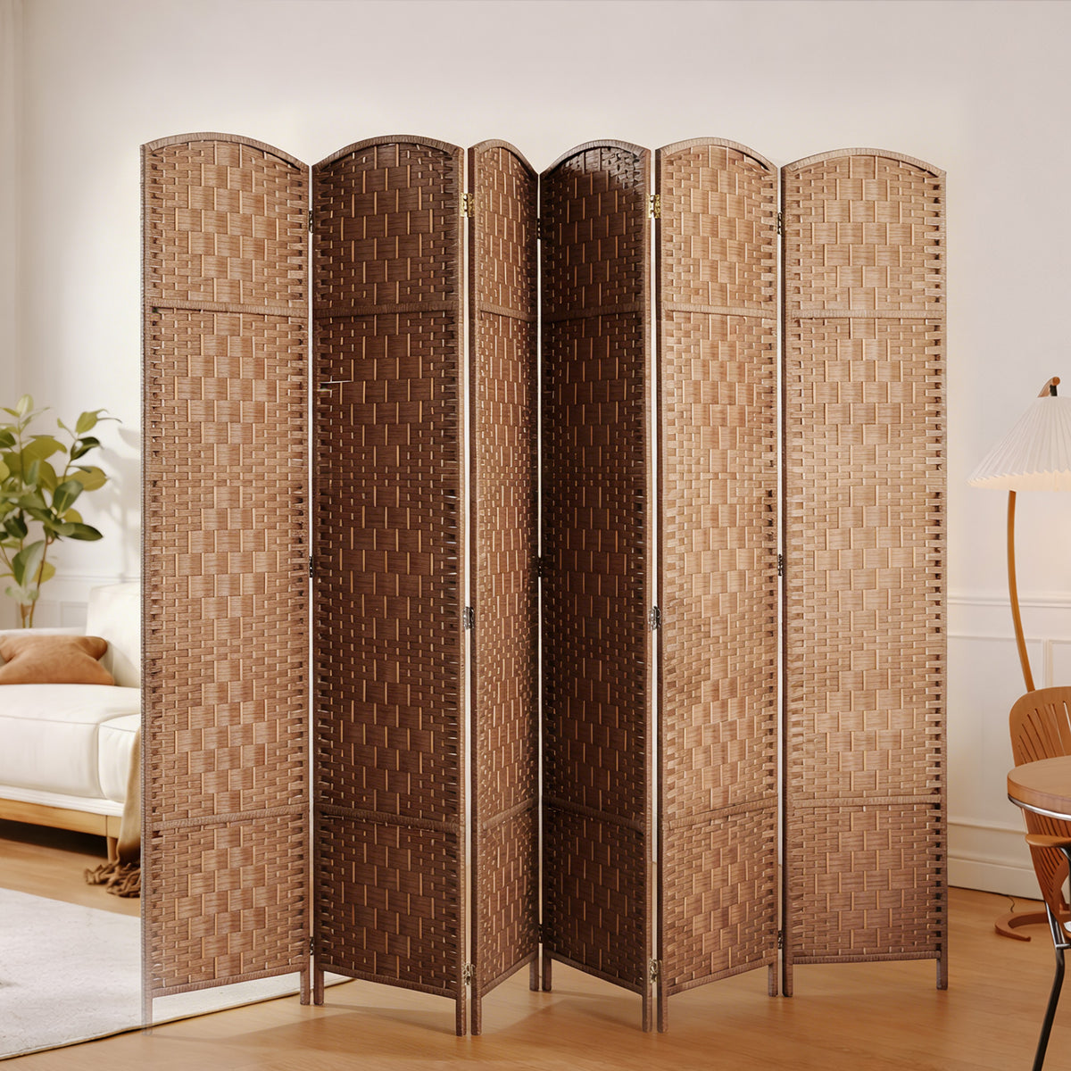 6 Panels Folding Room Divider, 6 ft Tall Portable Privacy Screen with Handwoven Design, Natural