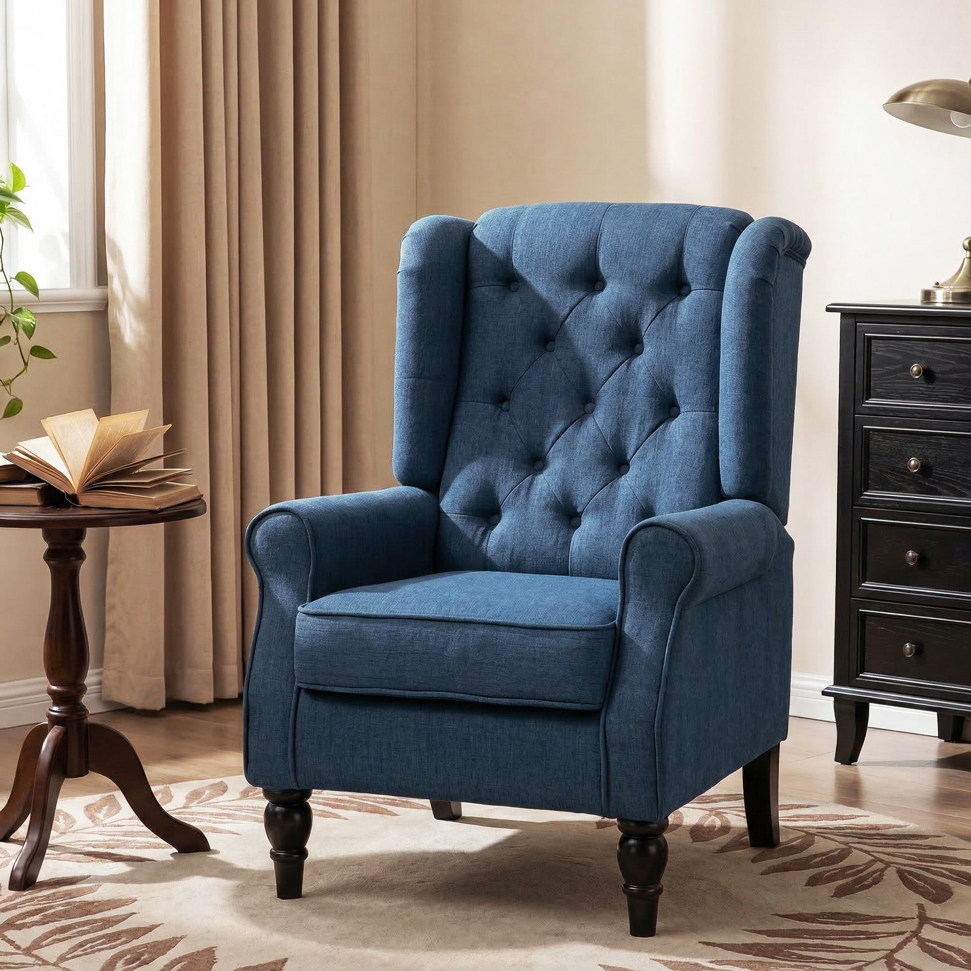 Retro Button Tufted Accent Armchair with Wooden Frame and Legs for Living Room, Bedroom, Blue - HOMCOM