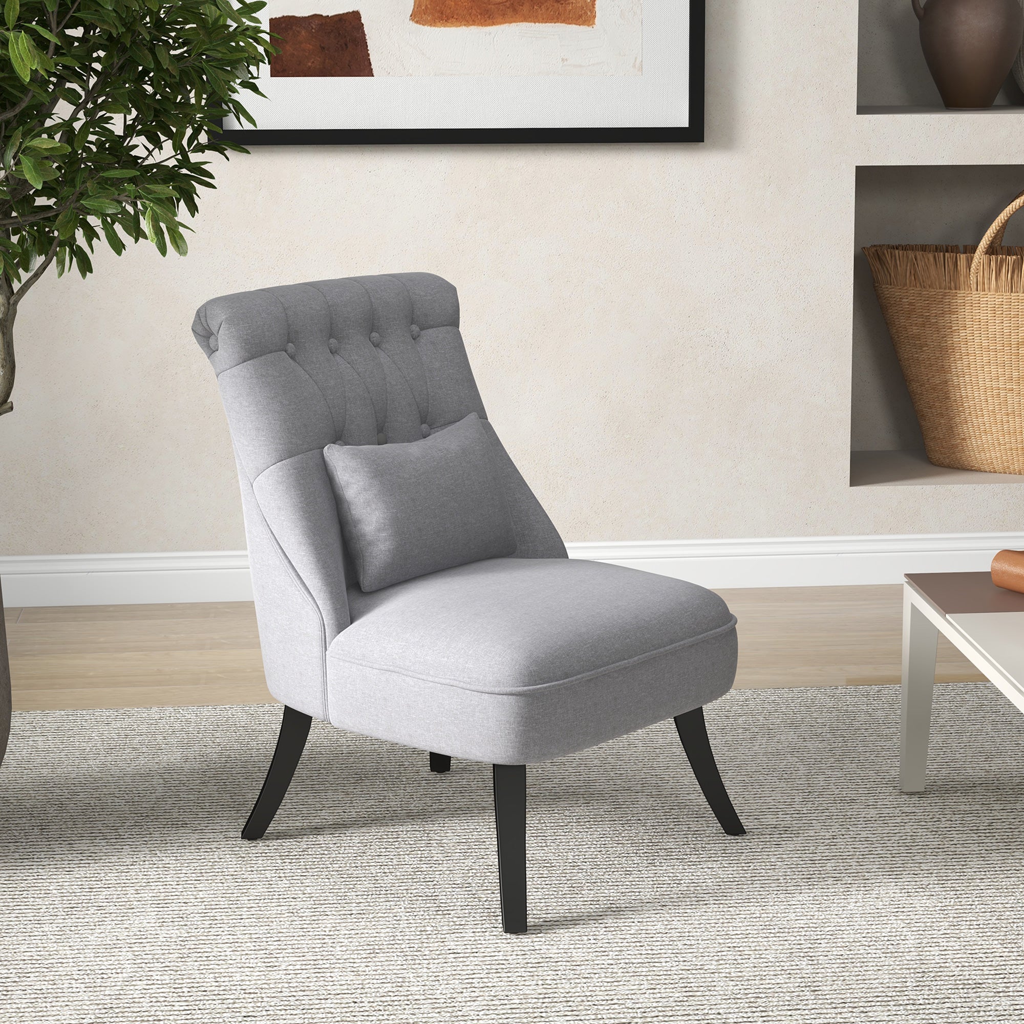 Fabric Single Sofa, Dining Chair with Pillow & Solid Wood Leg for Living Room, Grey