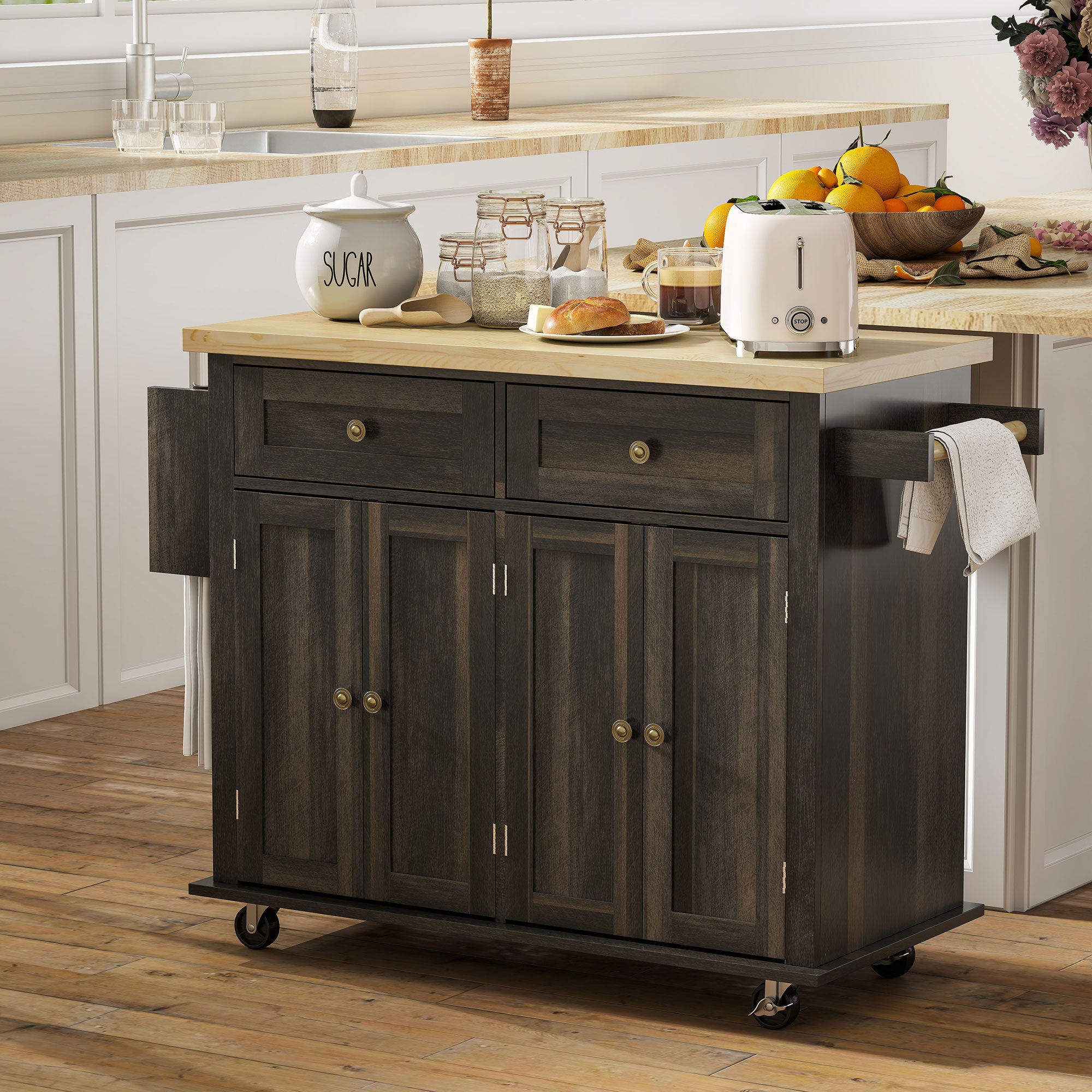 GlideSpace Kitchen Island on Wheels, Rolling Cart w/ Rubberwood Top, Spice Rack & Drawers, Brown Oak - HOMCOM