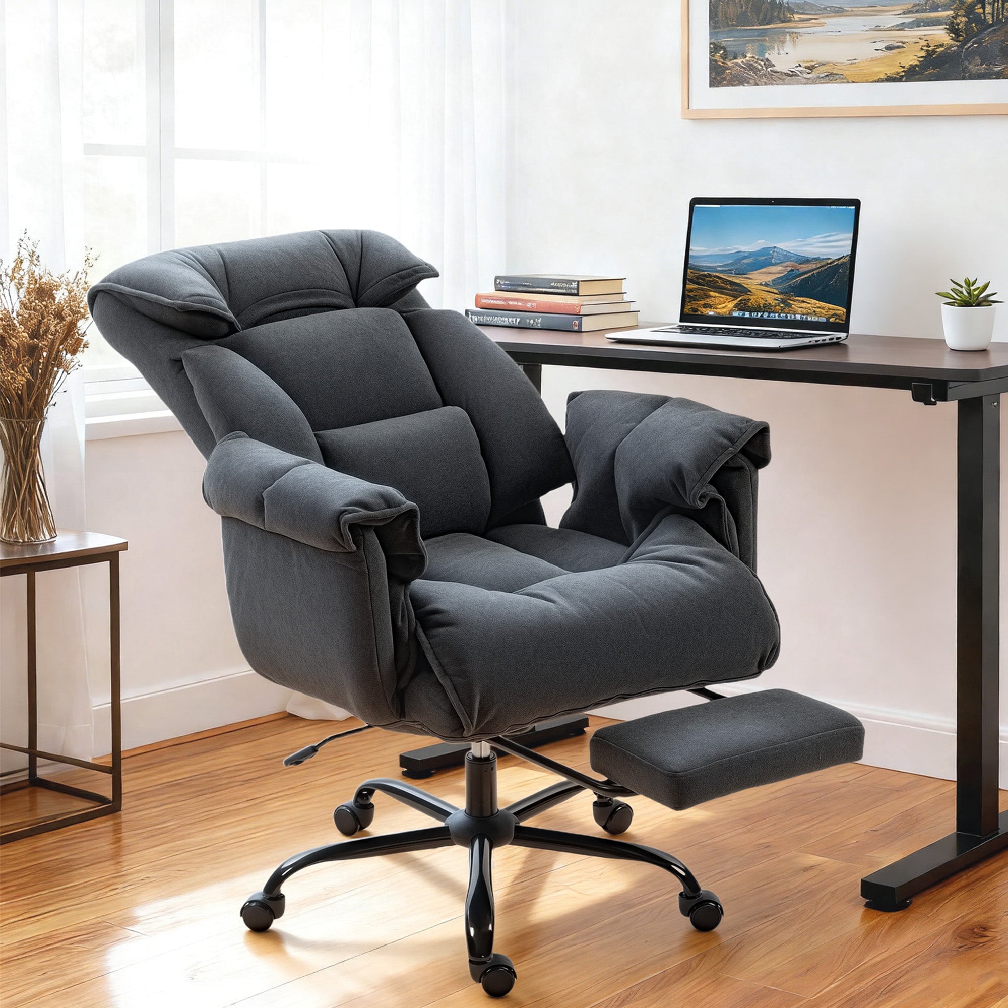 Overstuffed Executive Office Chair with Built-In Footrest and Recline, Gray