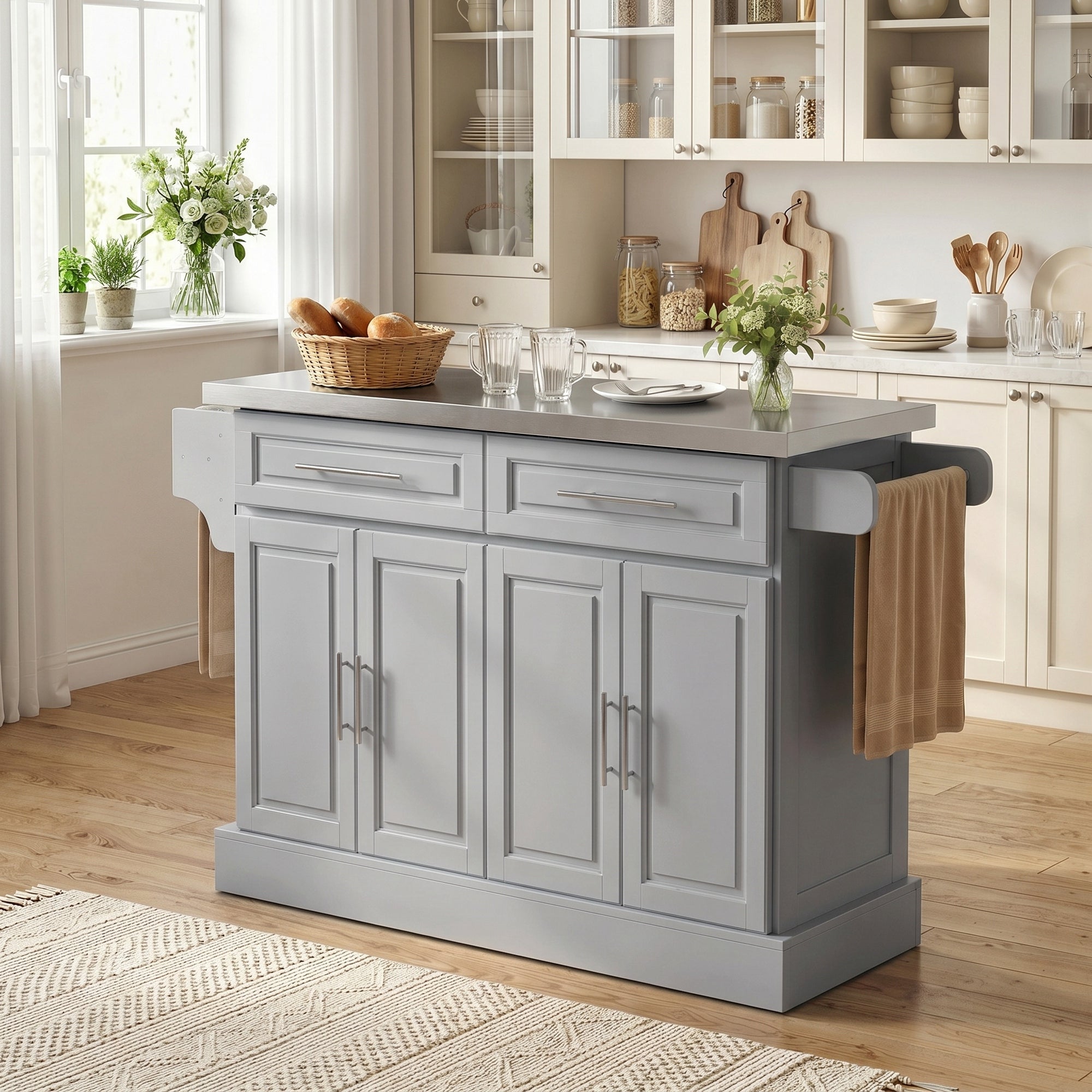 Rolling Kitchen Island with Storage Portable Cart with Stainless Steel Top 2 Drawers Gray