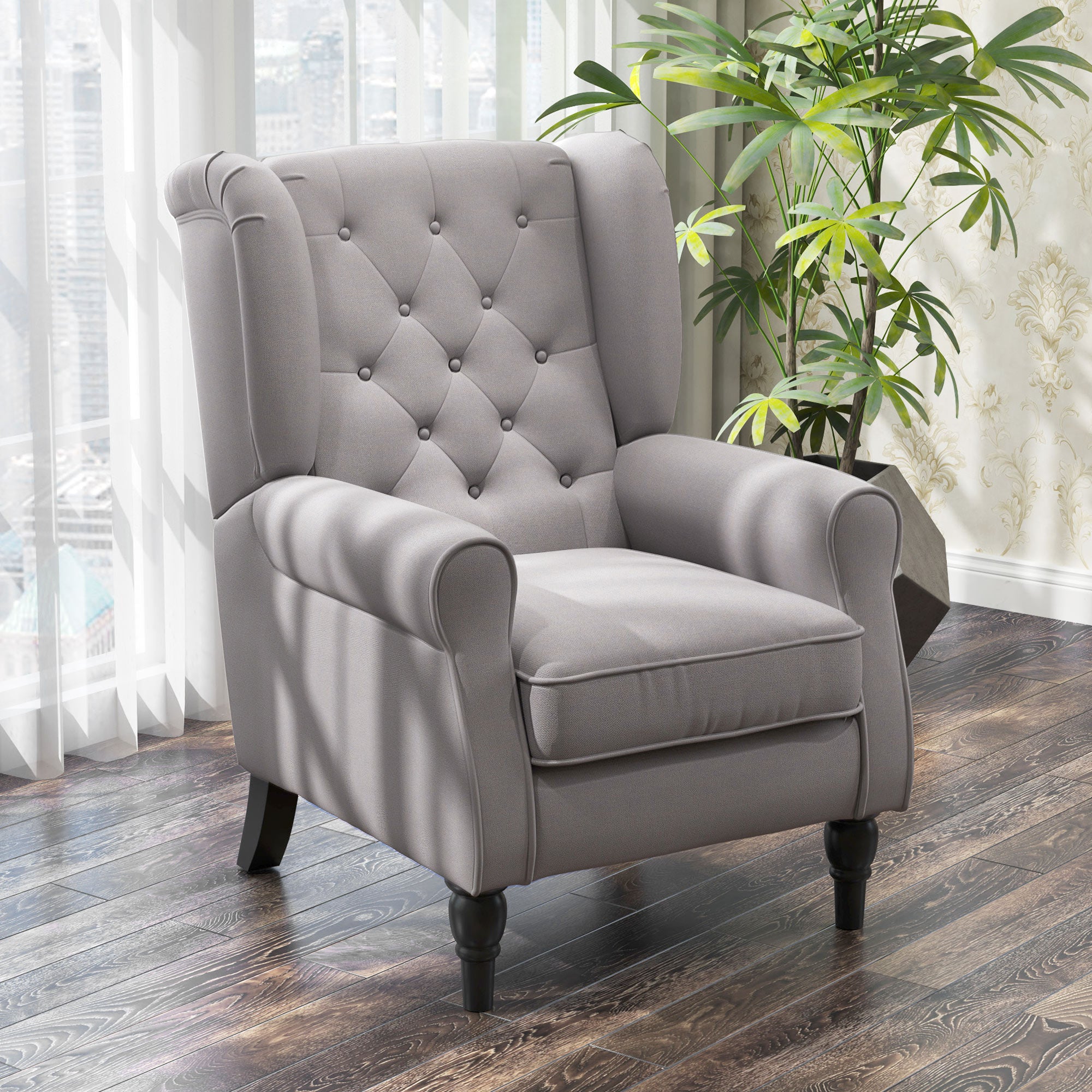 Mid-Century Accent Chair w/ High Wingback, Button-Tufted Fabric & Retro Wood Legs, Gray