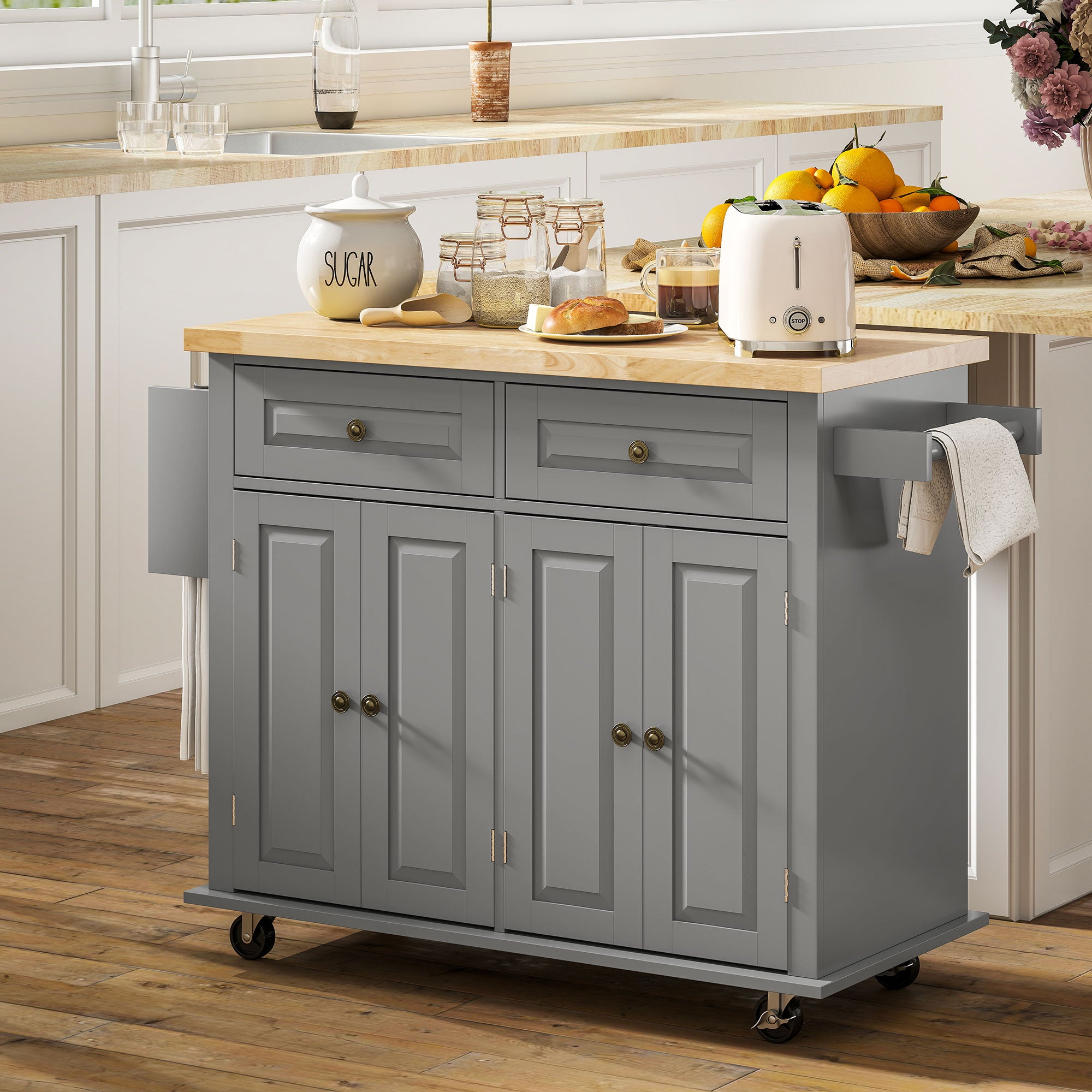 Modern Rubberwood Rolling Kitchen Island with Storage - HOMCOM