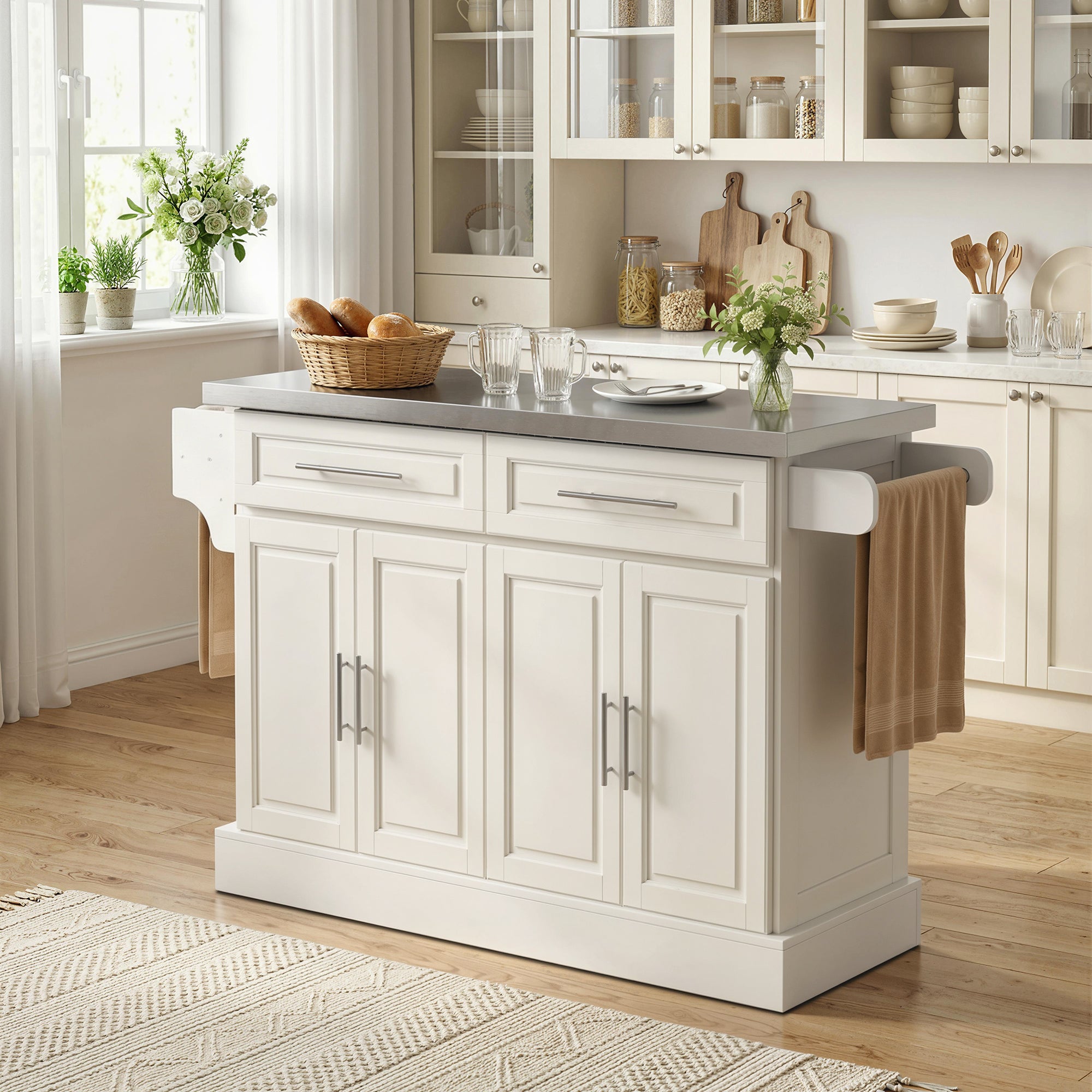 36" Stainless Steel Top Kitchen Island with Storage Drawers, Racks & Cabinets, Cream White - HOMCOM