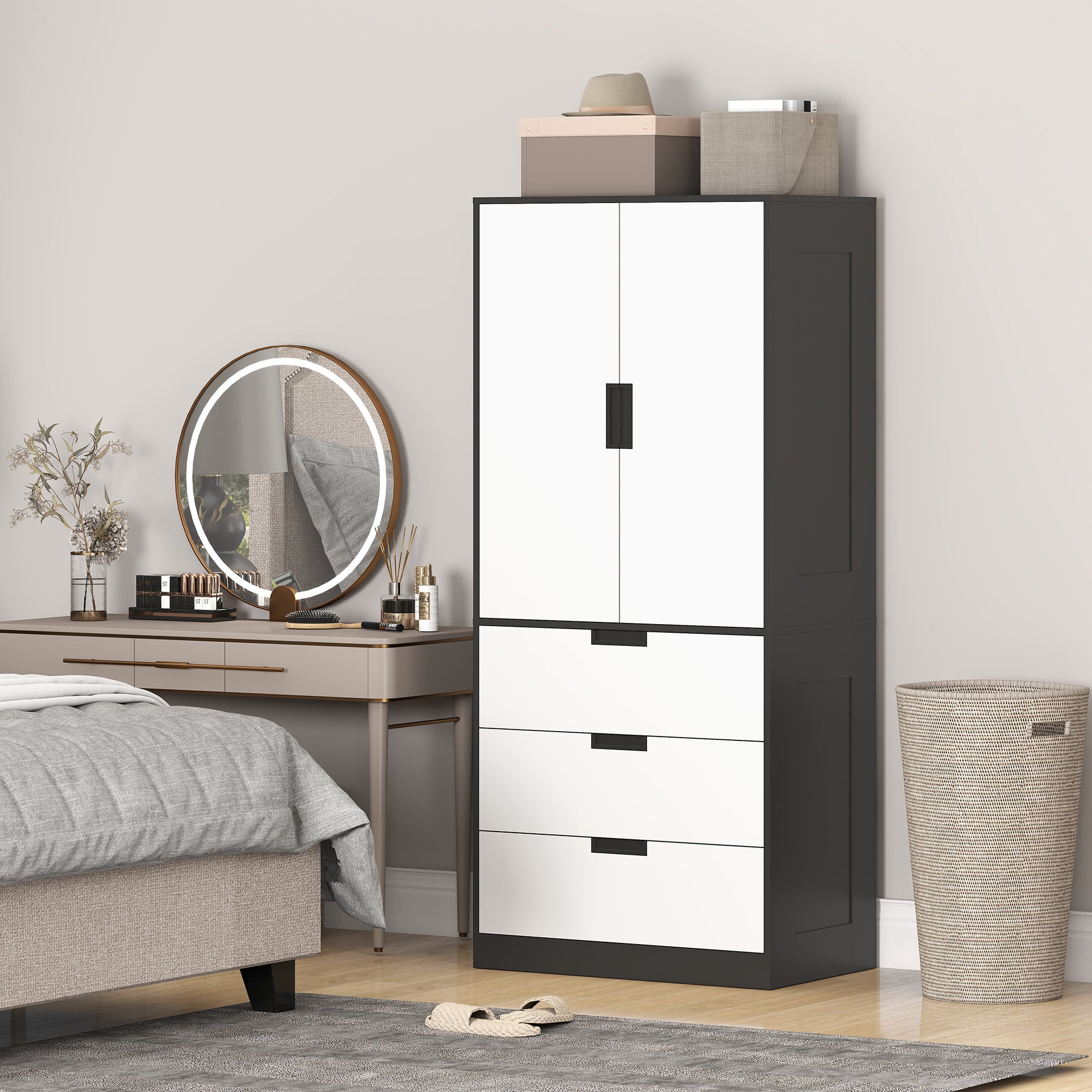 Modern Clothes Storage Cupboard Unit, Wardrobe with Hanging Rod, 3-Drawer and 2-Door, Black