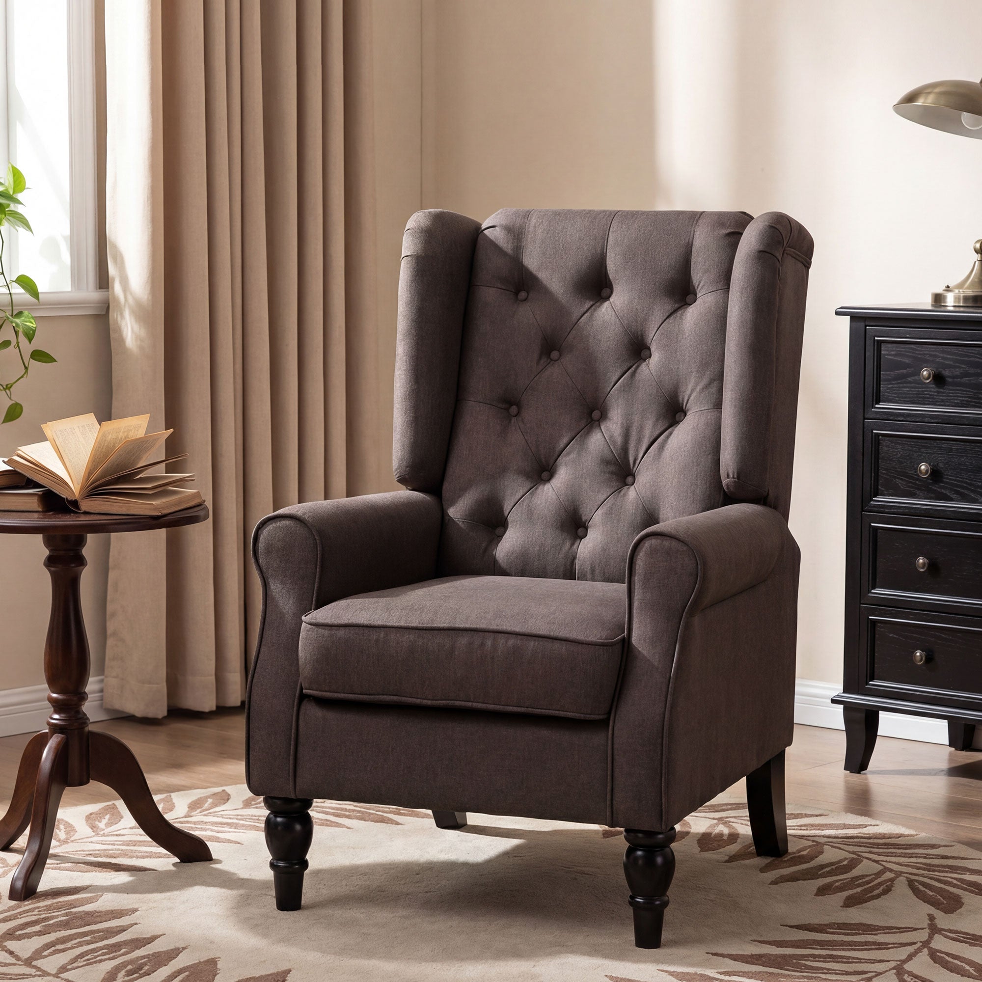 Mid-CenturyAccent Chair w/ High Wingback, Button-Tufted Fabric & Retro Wood Legs, Dark Brown - HOMCOM