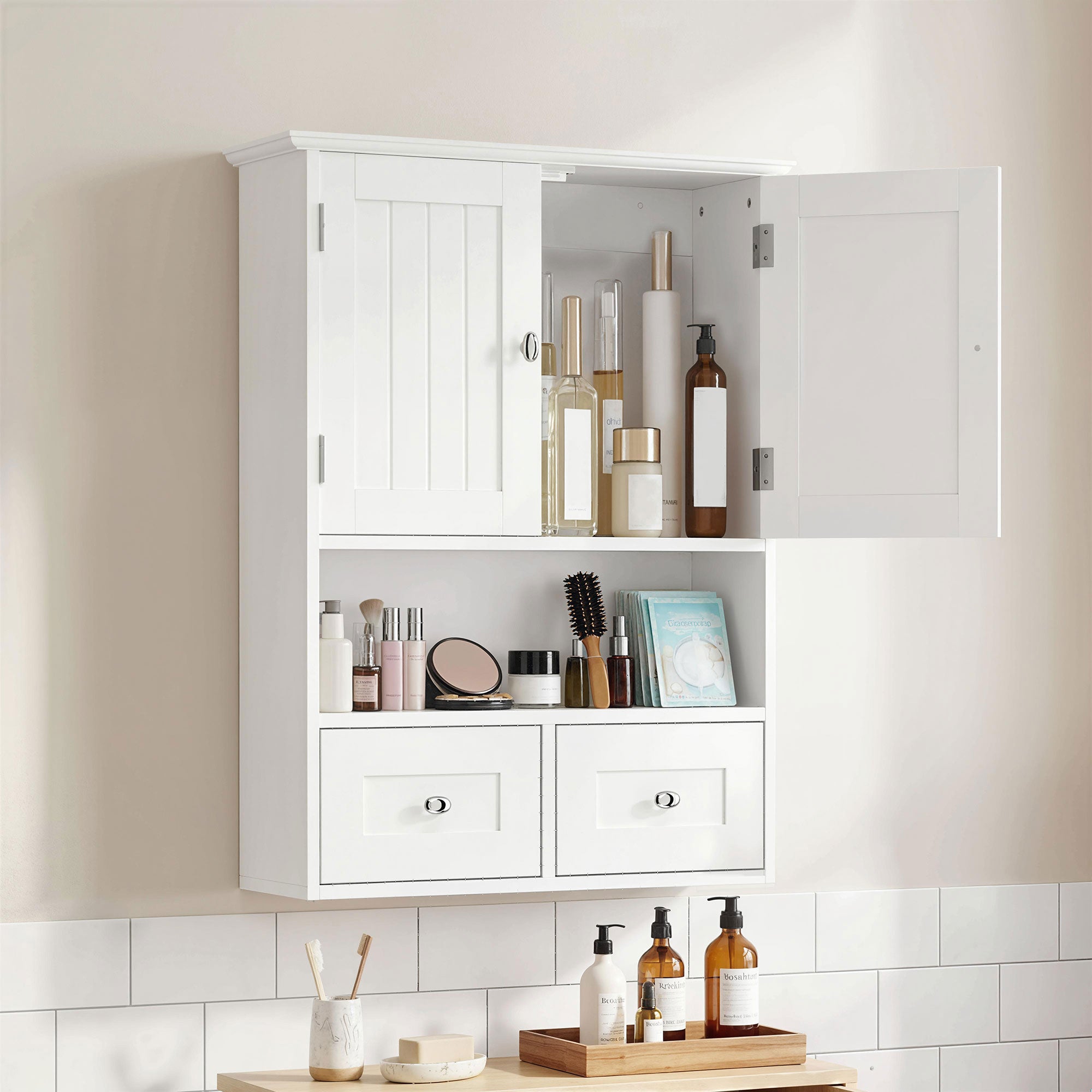 Armoire murale de salle de bain, armoire à pharmacie avec étagère et tiroirs, blanche, à placer au-dessus des toilettes