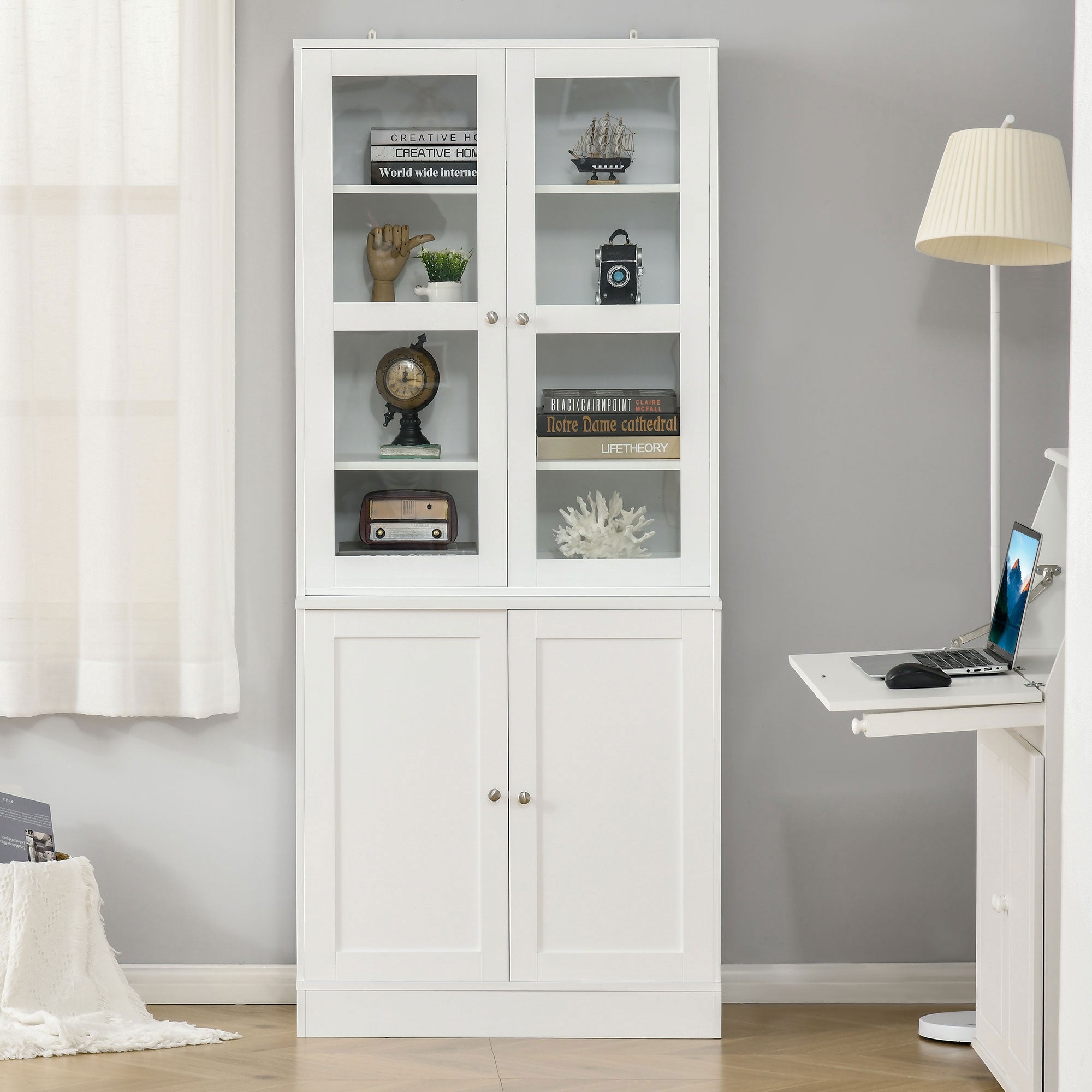 Modern Bookcase with Glass Doors, Display Storage Cabinet w/ Adjustable Shelves, White - HOMCOM