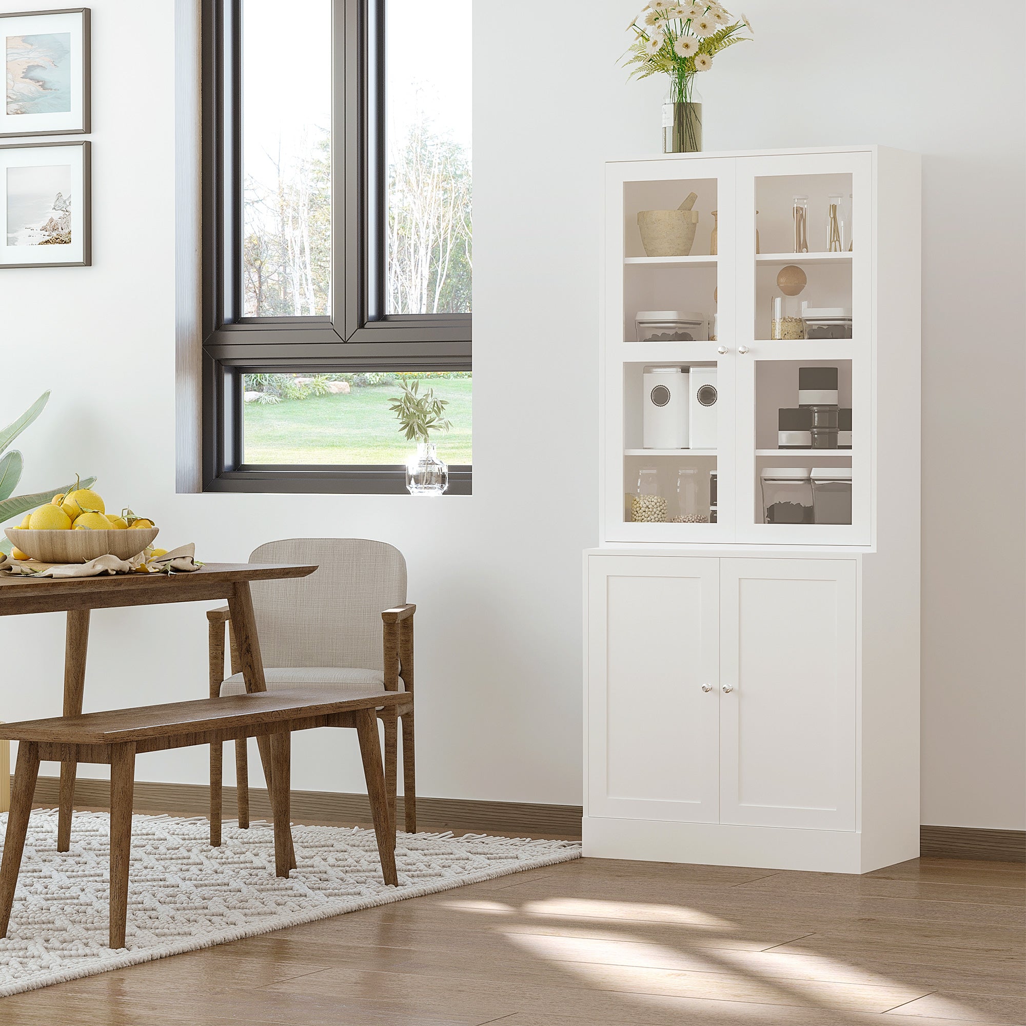 Modern Bookcase with Glass Doors, Display Storage Cabinet w/ Adjustable Shelves, White - HOMCOM