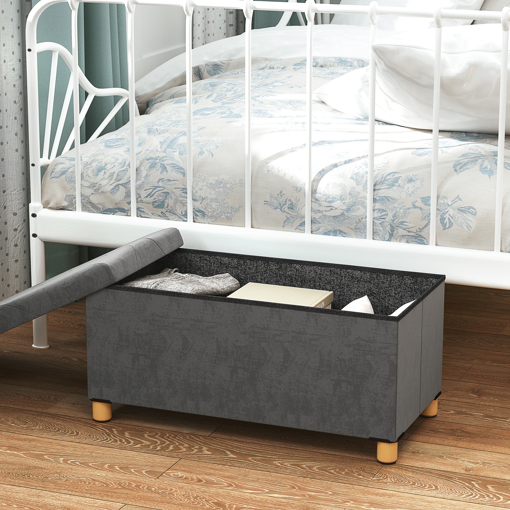 Storage Ottoman Bench, Velvet Upholstered Foldable Ottoman Footrest, Foot Stool with Wood Legs for Living Room, Bedroom, Entryway, Grey