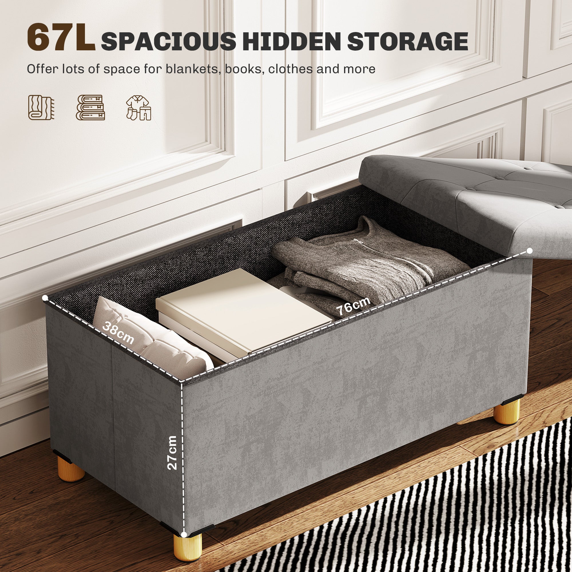 Storage Ottoman Bench, Velvet Upholstered Foldable Ottoman Footrest, Foot Stool with Wood Legs for Living Room, Bedroom, Entryway, Grey