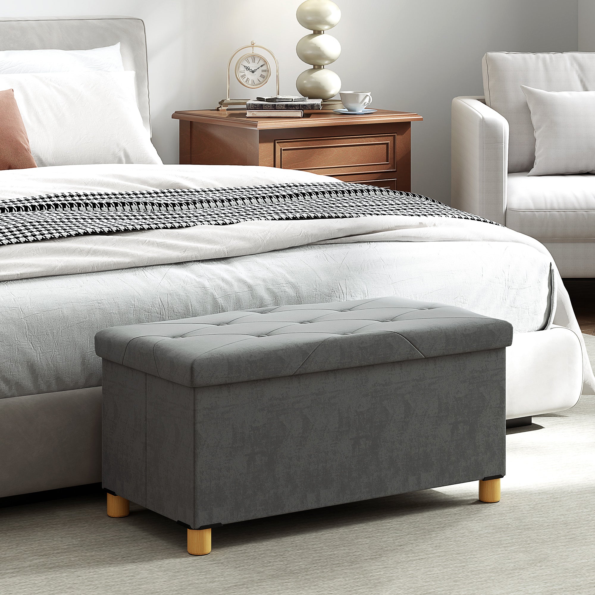 Storage Ottoman Bench, Velvet Upholstered Foldable Ottoman Footrest, Foot Stool with Wood Legs for Living Room, Bedroom, Entryway, Grey