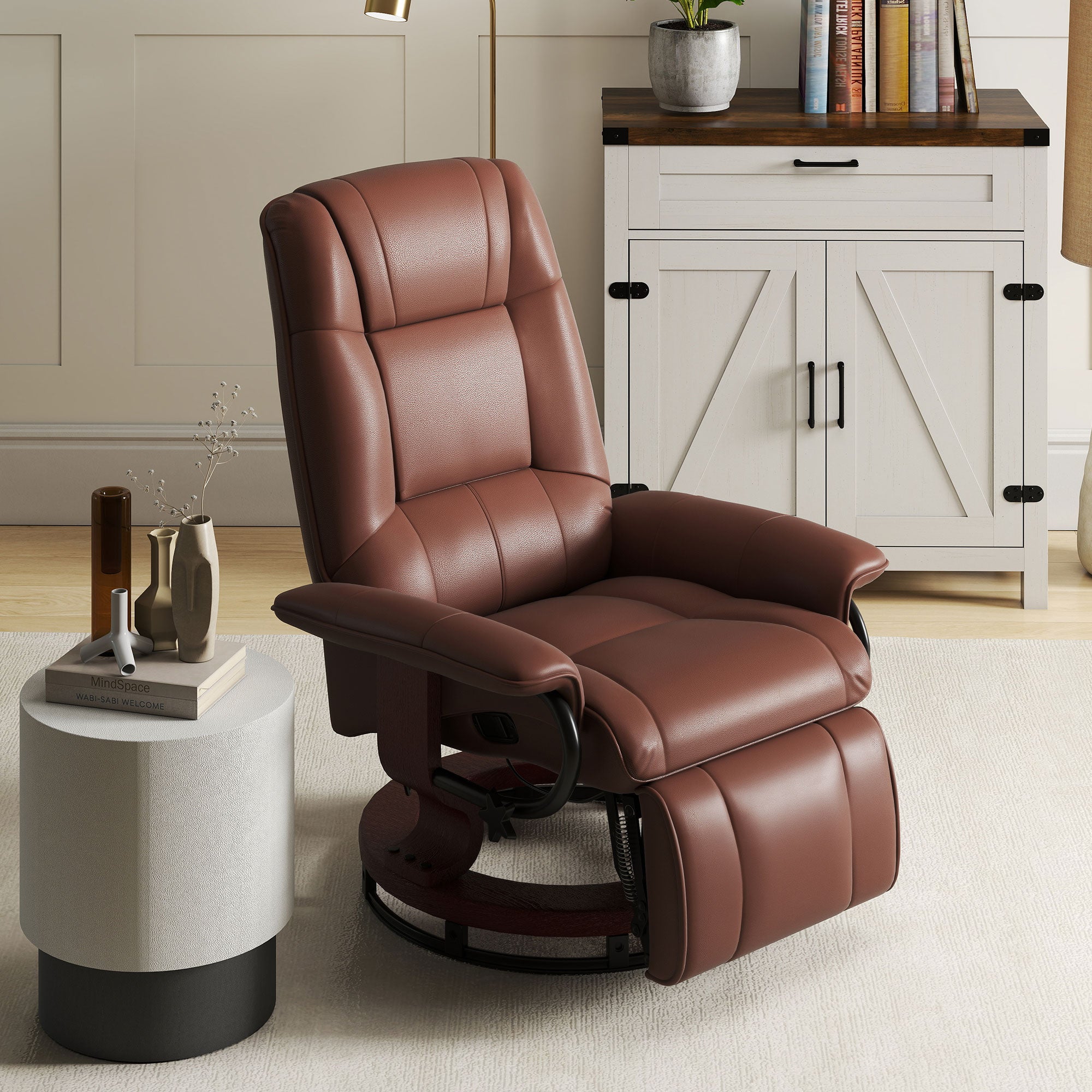EaseRest Faux Leather Recliner Chair, Swivel Recliner w/ Footrest, Armrest & Wood Base, Cream White
