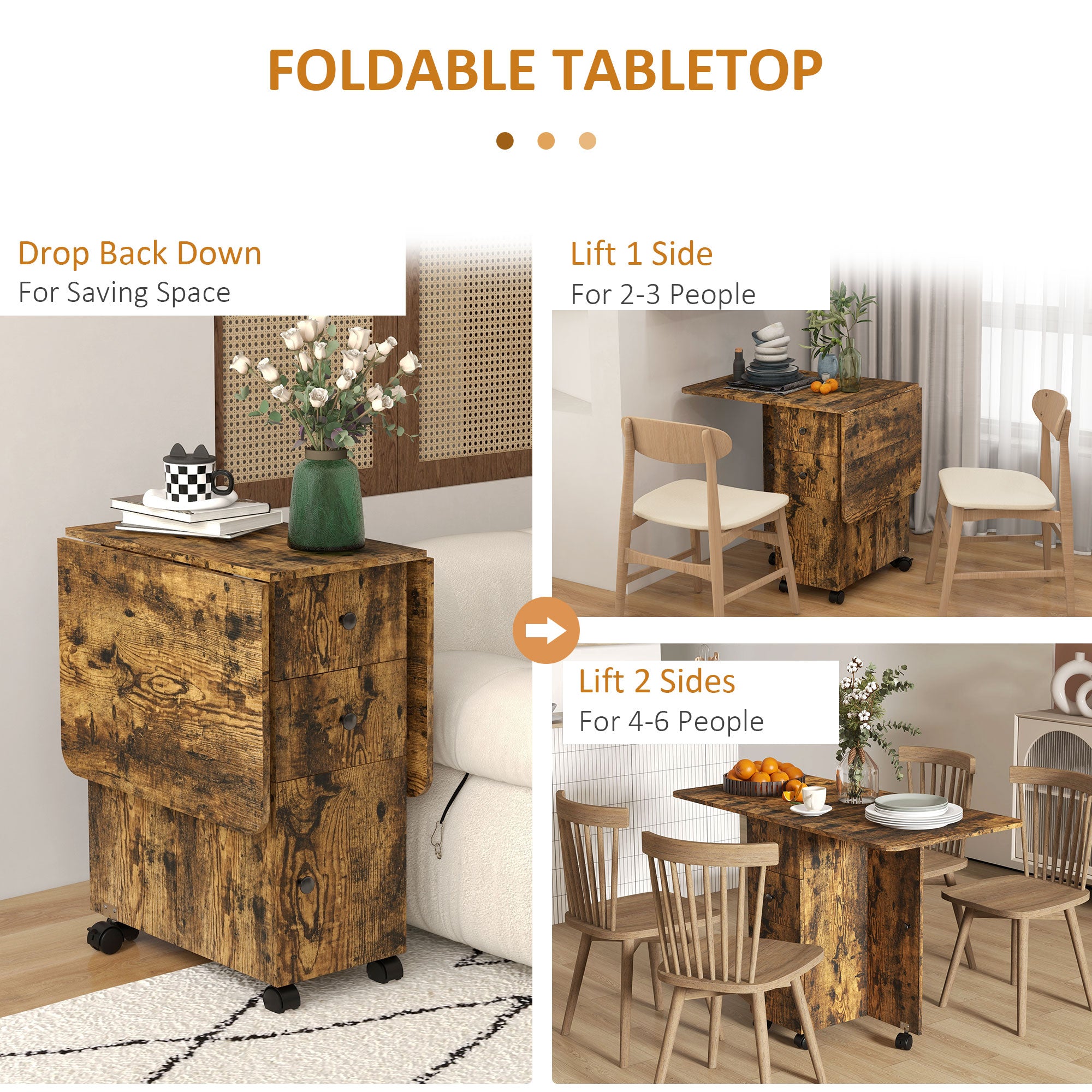 HOMCOM Foldable Dining Table, Rolling Kitchen Table With Storage Drawers and Cabinet, Drop Leaf Table on Wheels, Rustic Brown