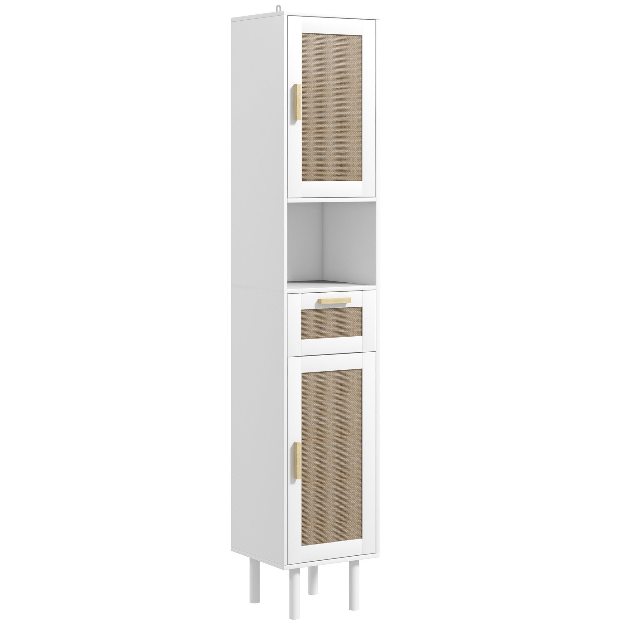 67" Tall Bathroom Storage Cabinet Freestanding Narrow Cabinet with Rattan Doors White