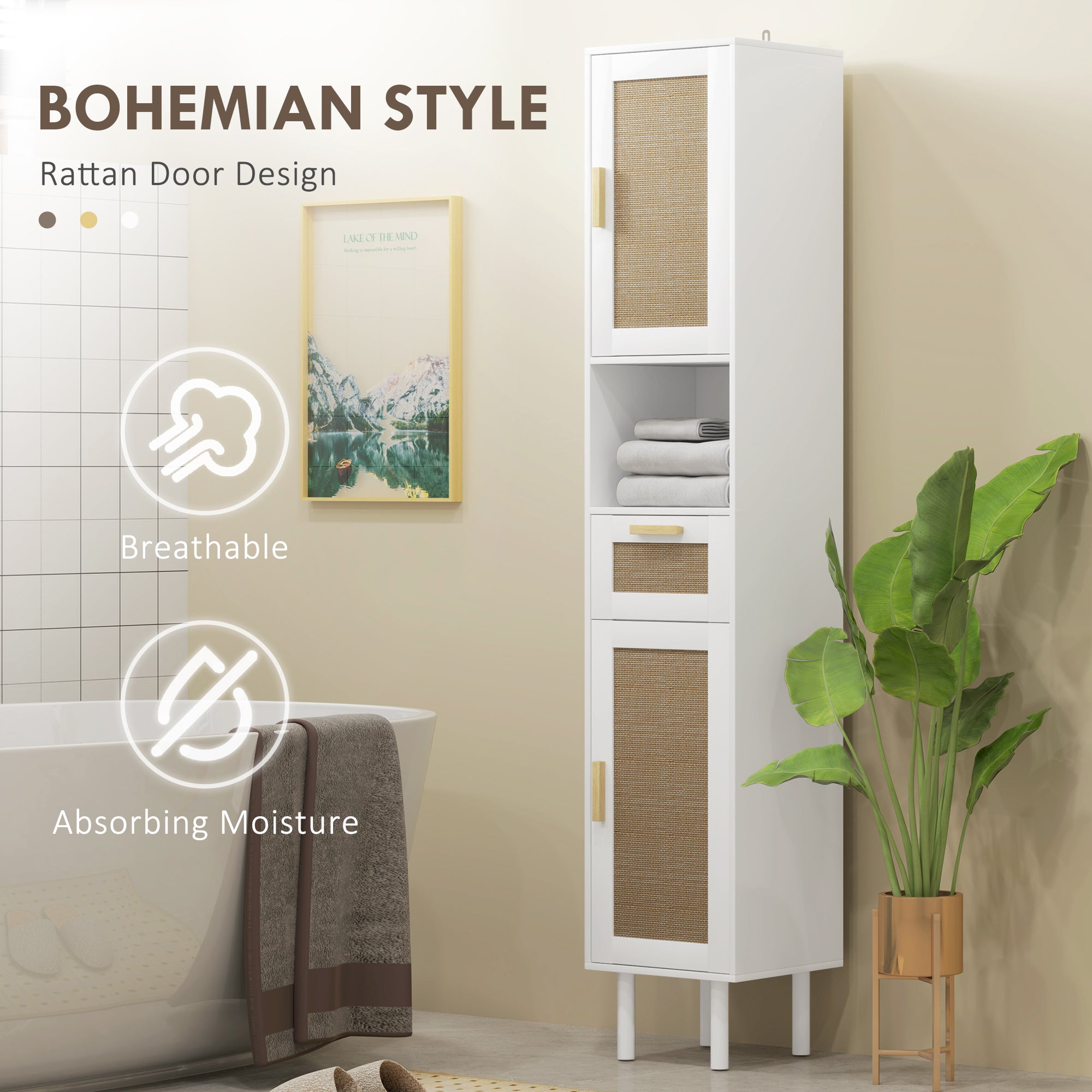 67" Tall Bathroom Storage Cabinet Freestanding Narrow Cabinet with Rattan Doors White