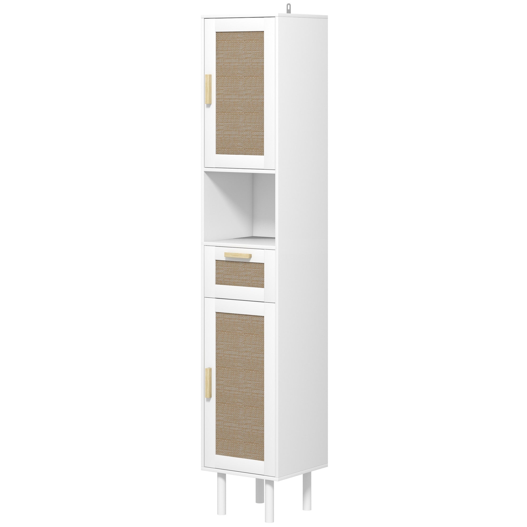 67" Tall Bathroom Storage Cabinet Freestanding Narrow Cabinet with Rattan Doors White