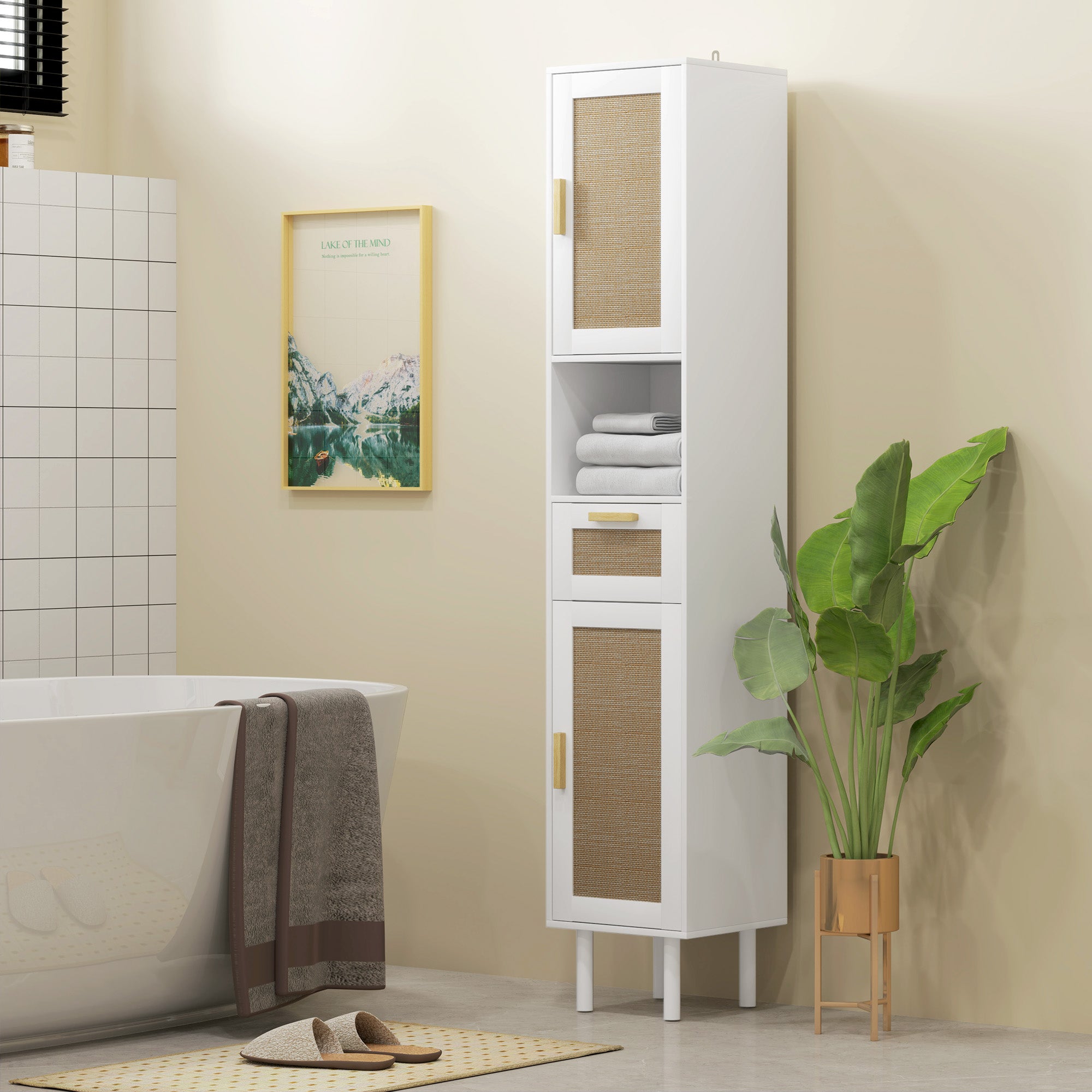 67" Tall Bathroom Storage Cabinet Freestanding Narrow Cabinet with Rattan Doors White