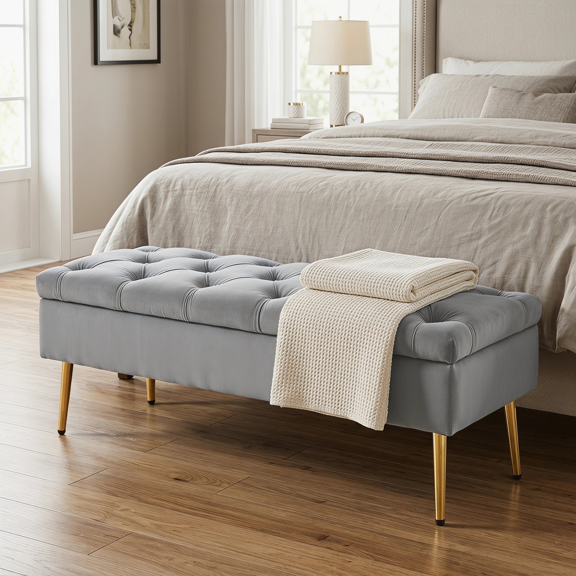 Upholstered Bedroom Bench with Gold Tone Metal Legs, Velvet Button-Tufted Storage Bench, Bench Seat with Thick Padding, Ottoman Bench for Living Room, Hallway, Grey