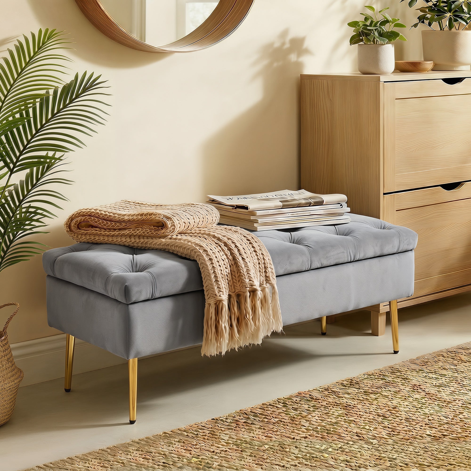 Upholstered Bedroom Bench with Gold Tone Metal Legs, Velvet Button-Tufted Storage Bench, Bench Seat with Thick Padding, Ottoman Bench for Living Room, Hallway, Grey
