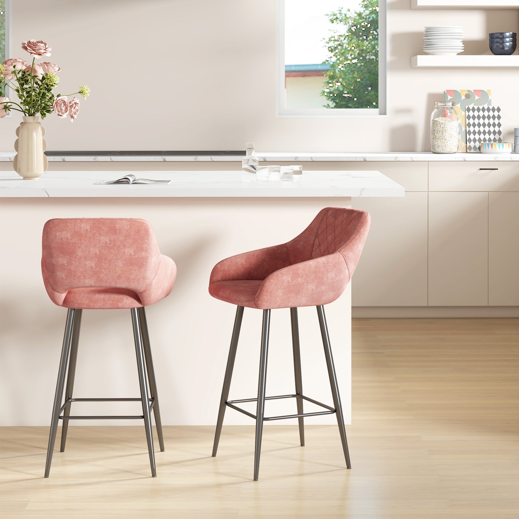 HOMCOM Bar Stools Set of 2, Velvet-Touch Fabric Counter Height Bar Chairs, Kitchen Stools with Steel Legs for Dining Area, Kitchen Island Barstools, Pink