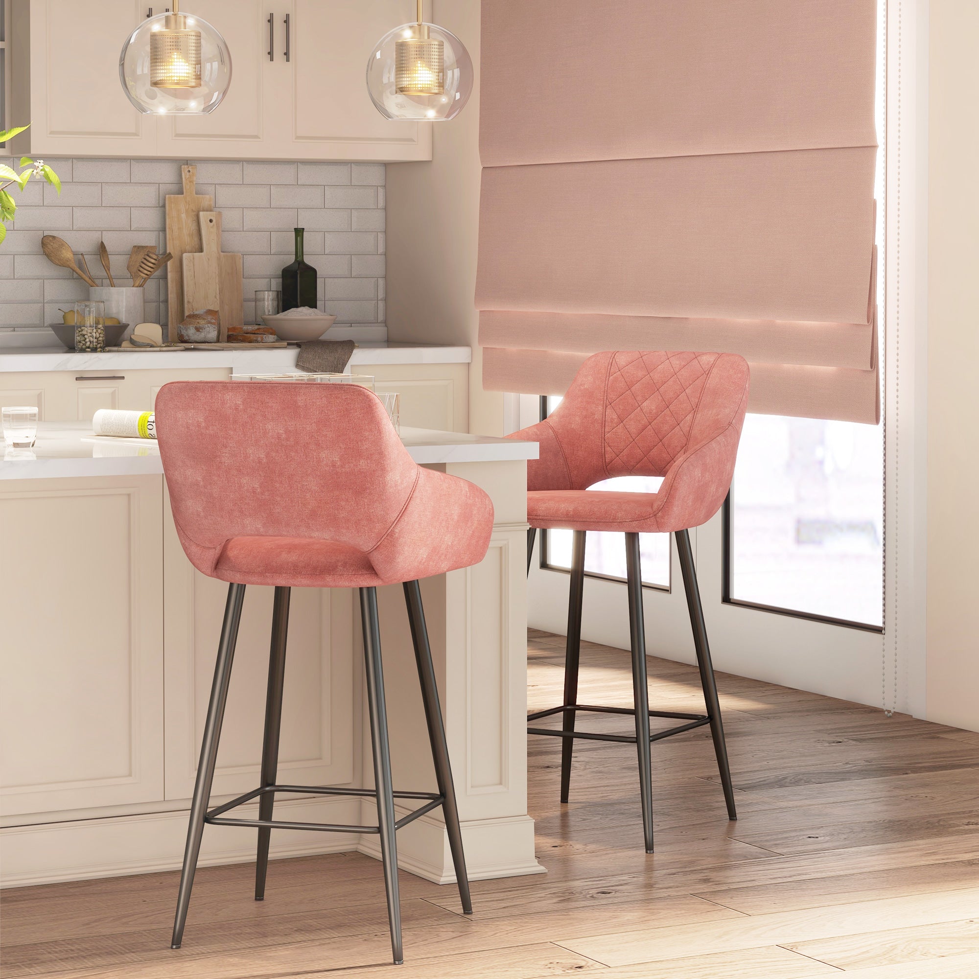 HOMCOM Bar Stools Set of 2, Velvet-Touch Fabric Counter Height Bar Chairs, Kitchen Stools with Steel Legs for Dining Area, Kitchen Island Barstools, Pink