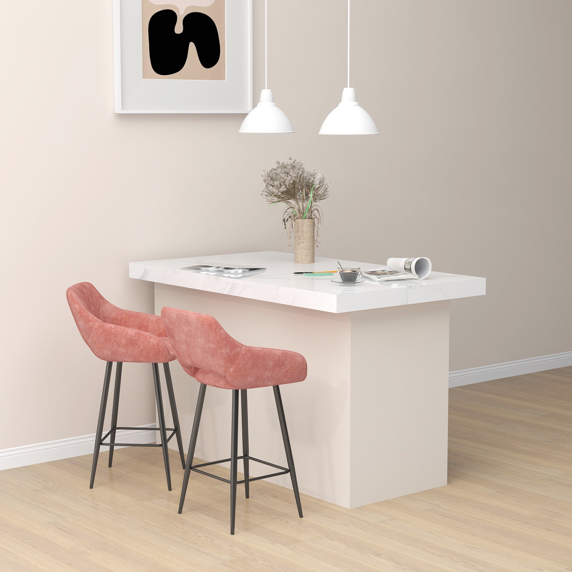 HOMCOM Bar Stools Set of 2, Velvet-Touch Fabric Counter Height Bar Chairs, Kitchen Stools with Steel Legs for Dining Area, Kitchen Island Barstools, Pink