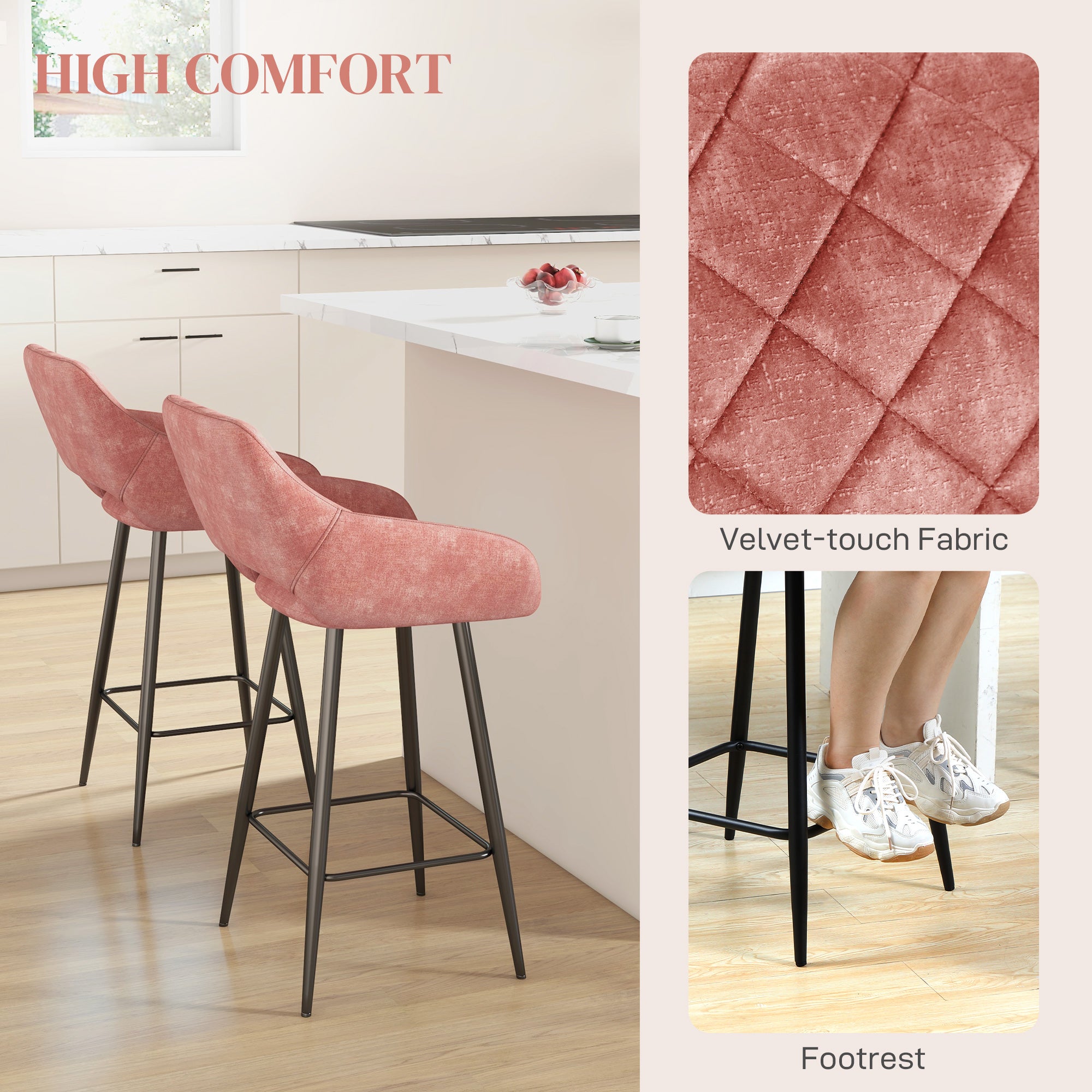HOMCOM Bar Stools Set of 2, Velvet-Touch Fabric Counter Height Bar Chairs, Kitchen Stools with Steel Legs for Dining Area, Kitchen Island Barstools, Pink