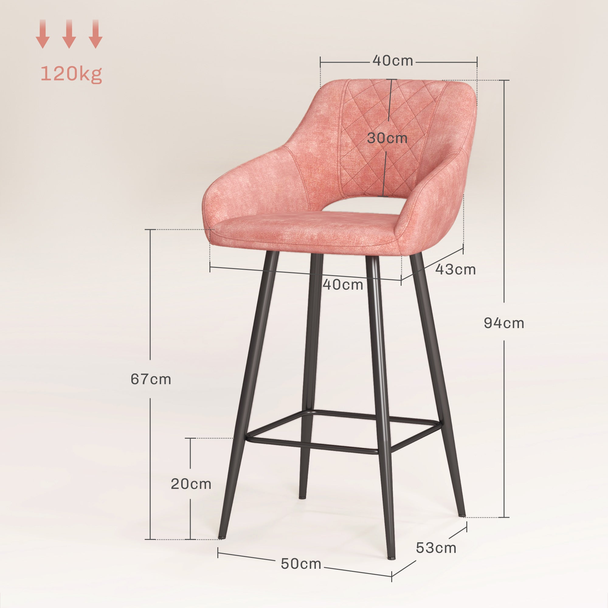 HOMCOM Bar Stools Set of 2, Velvet-Touch Fabric Counter Height Bar Chairs, Kitchen Stools with Steel Legs for Dining Area, Kitchen Island Barstools, Pink