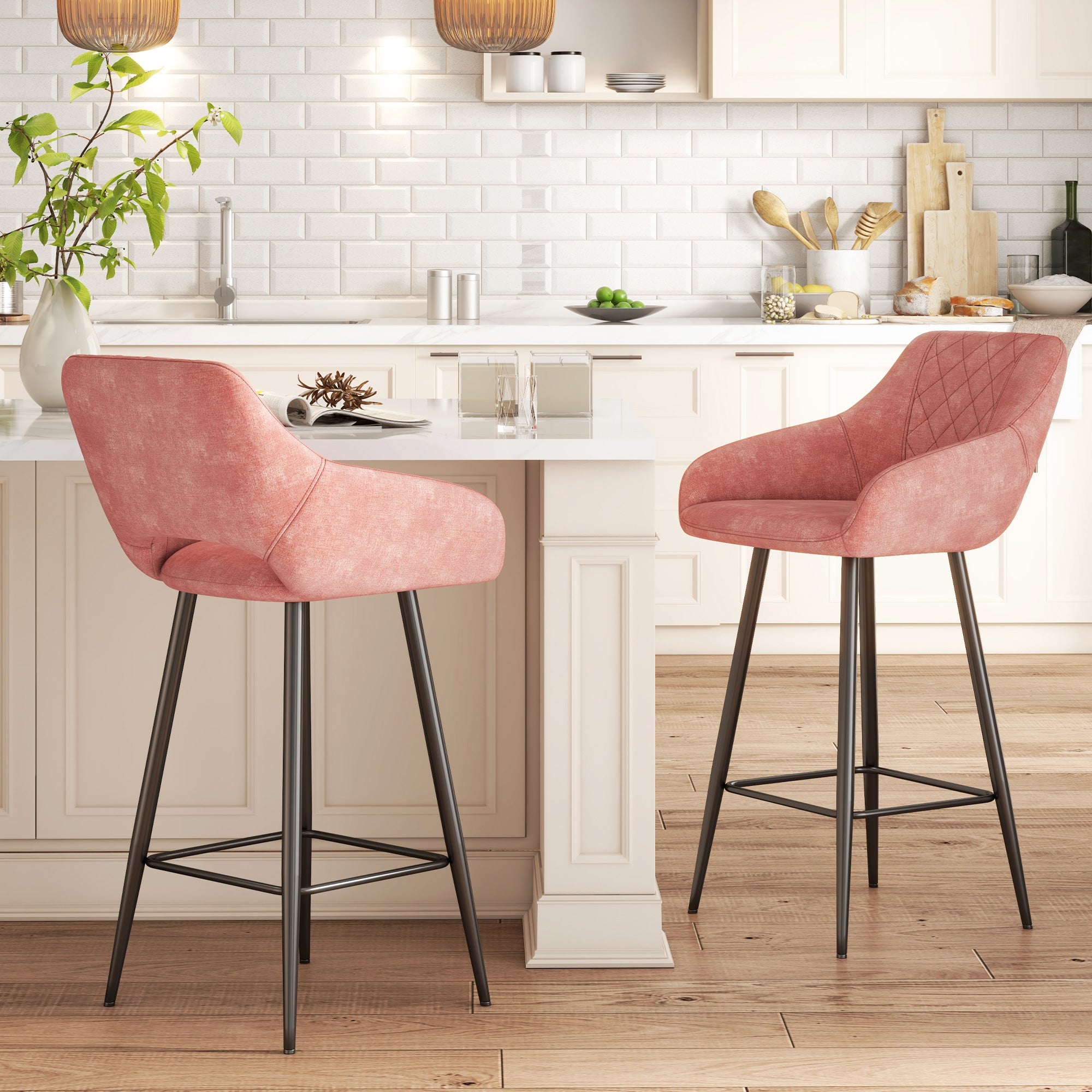 HOMCOM Bar Stools Set of 2, Velvet-Touch Fabric Counter Height Bar Chairs, Kitchen Stools with Steel Legs for Dining Area, Kitchen Island Barstools, Pink
