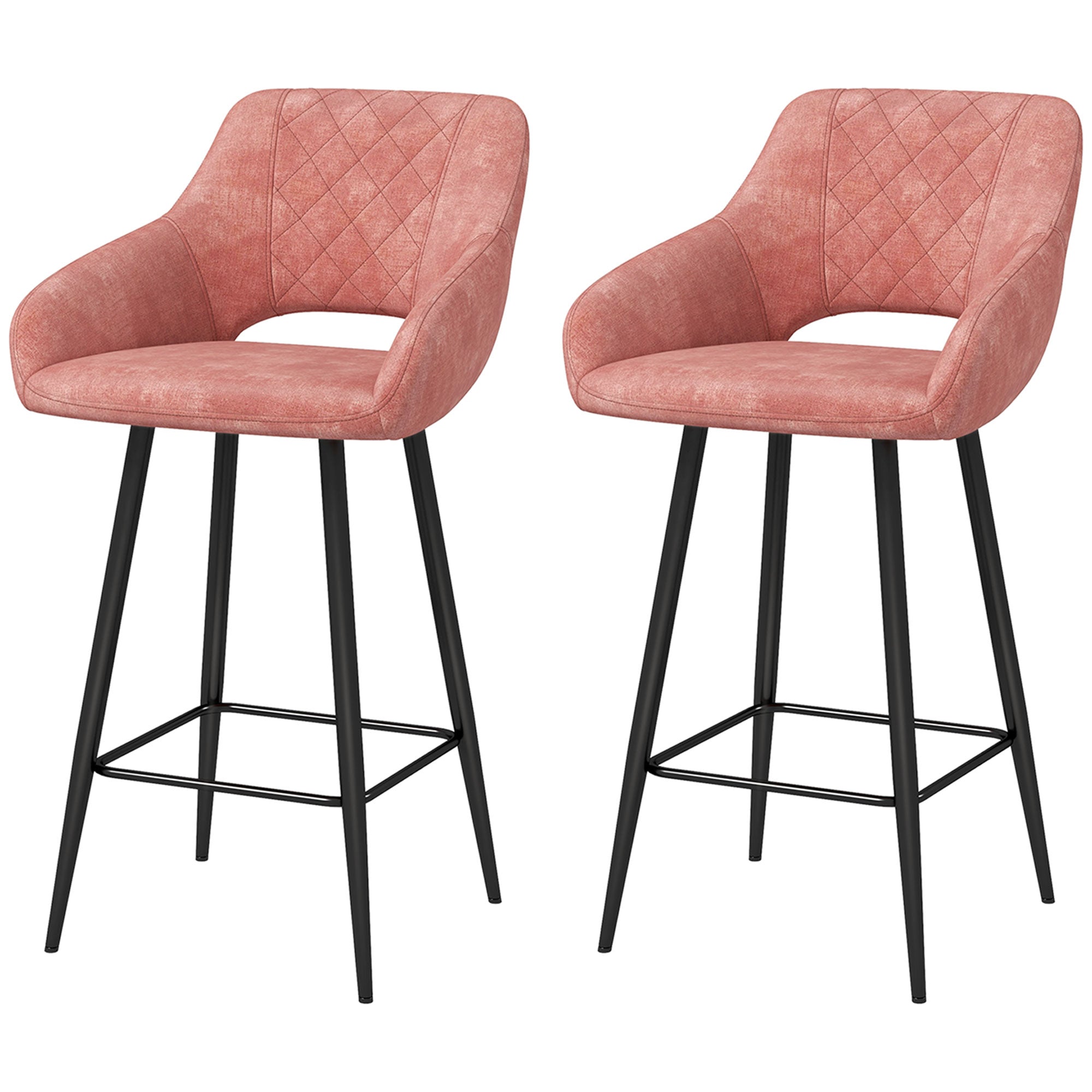 HOMCOM Bar Stools Set of 2, Velvet-Touch Fabric Counter Height Bar Chairs, Kitchen Stools with Steel Legs for Dining Area, Kitchen Island Barstools, Pink