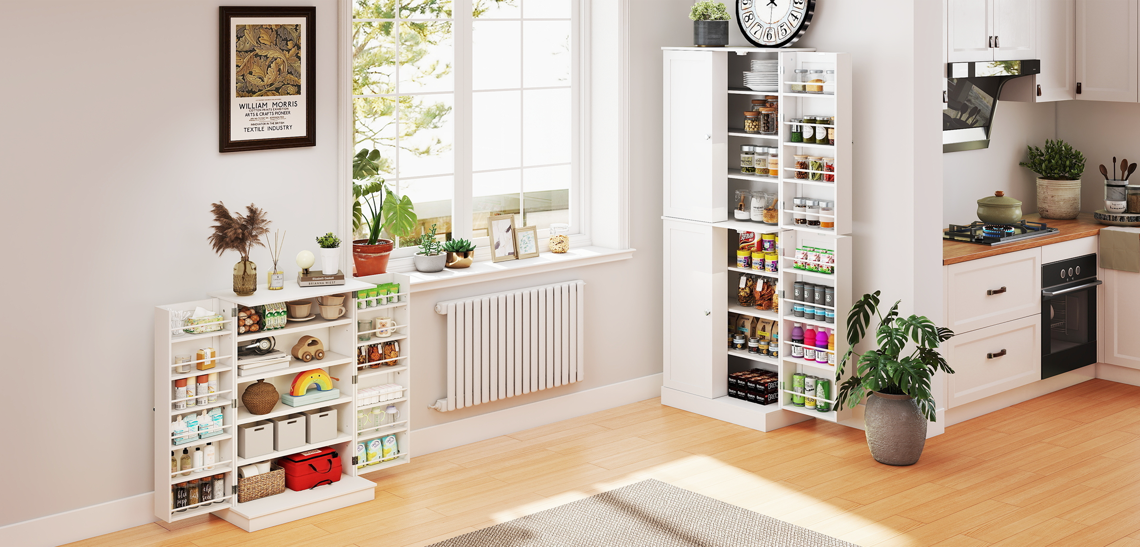 41" Kitchen Pantry Cabinet, 2-Door Buffet Storage Cabinet with 12 Spice Racks and Adjustable Shelves, White